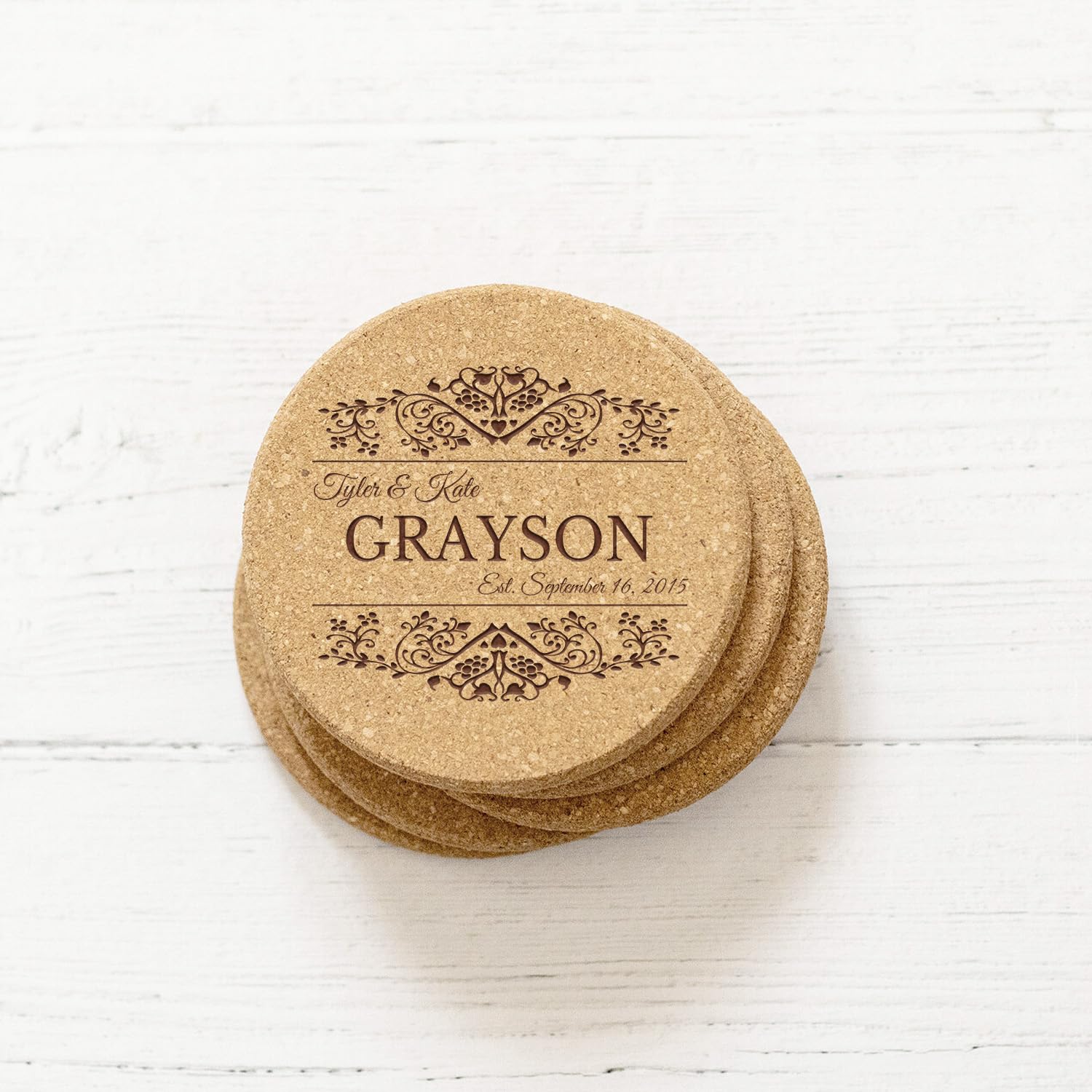Personalized Cork Drink Coasters Set of 4 - Custom Wedding Gifts for Couples, Bridal Shower & Housewarming Presents - Unique Home Decor for Dining Table, Coffee Table & Outdoor Patio - Perfect Closing Gift for New Homeowners & Anniversary Present