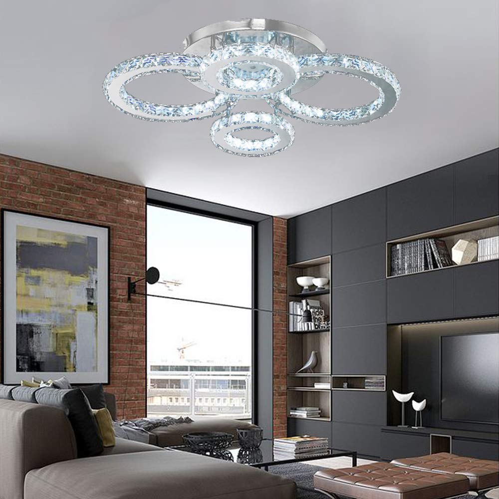 LITFAD 4 Halo Ring LED Ceiling Light - Modern Crystal Semi-Flush Mount Chandelier for Bedroom, Living Room, Hotel & Hall - Energy Efficient White Light - Perfect for Home Decor & Commercial Spaces