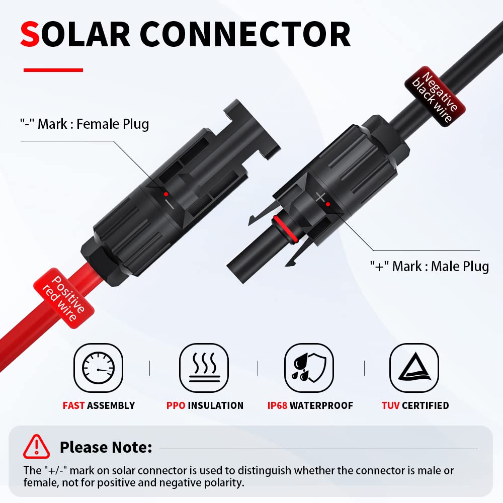 ELECTOP 10AWG Solar Panel Connector Cable - 50A/600V Waterproof Solar Connector with MC4 Adapter for Solar Generators, Inverters, Battery Packs & Charger Kits - Perfect for Off-Grid Power Systems, RV Solar Setup & Emergency Backup Power