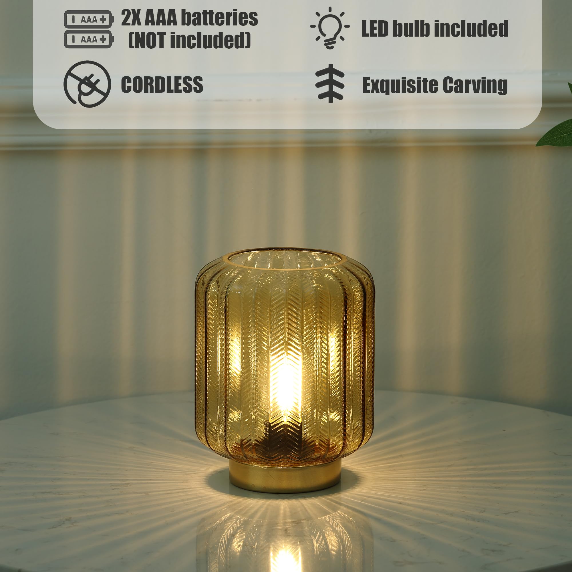 Modern Battery Operated Table Lamp - Gold Glass LED Decorative Lighting for Living Room, Bedroom, Office & Nightstand - Perfect for Reading, Relaxing & Home Decor