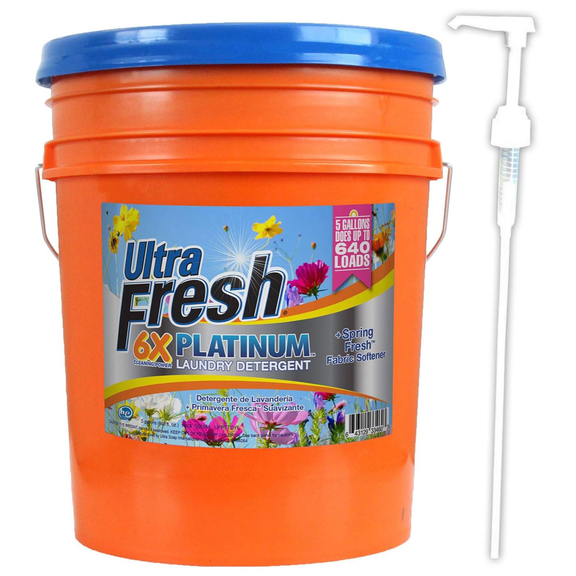 6X Platinum 5 Gallon Laundry Detergent Liquid with Spring Fresh Fabric Softener & Pump - Works in All Washing Machines (HE, Top Load, Front Load) - 640 Loads per Jug (2 Pack) - Perfect for Large Families, Laundromats & Commercial Use