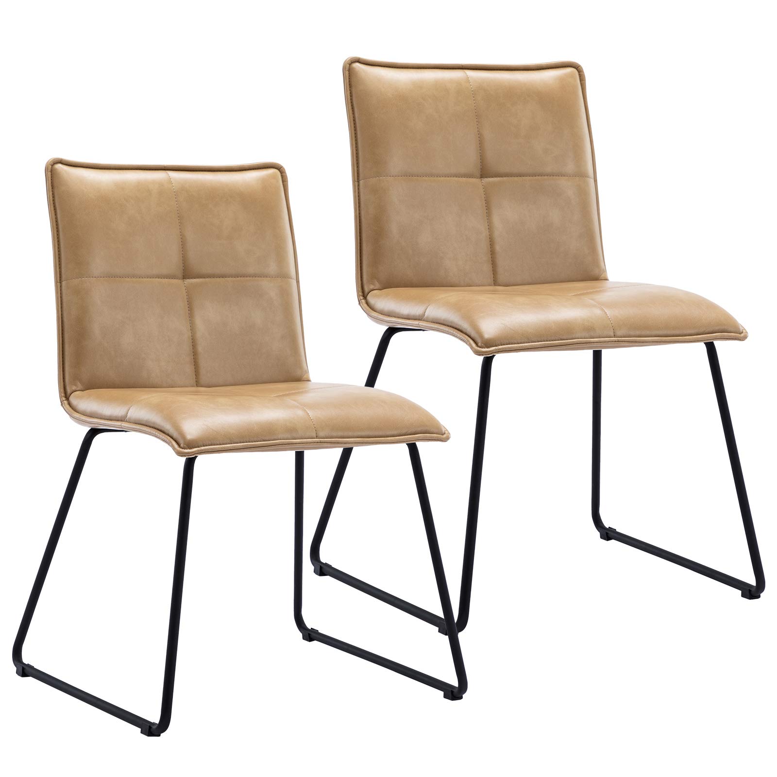 DUHOME Set of 2 PU Leather Mid Back Dining Chairs with Metal Sled Base - Modern Accent Chairs for Kitchen, Living Room & Dining Room - Comfortable Camel Color Seating for Home & Office Use