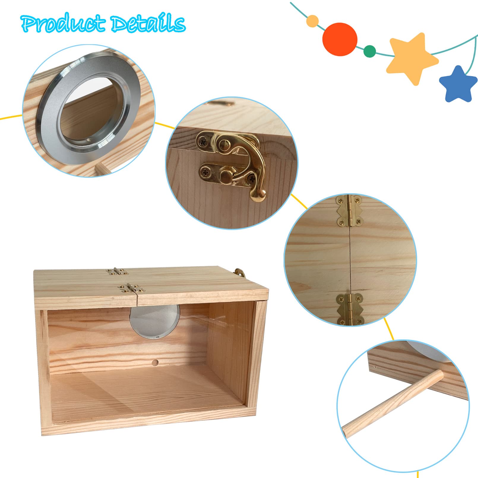 Transparent Wooden Parakeet Nesting Box - Natural Bird Breeding House with Perch for Lovebirds, Cockatiels & Canaries | Perfect for Cage Mounting & Safe Bird Nesting