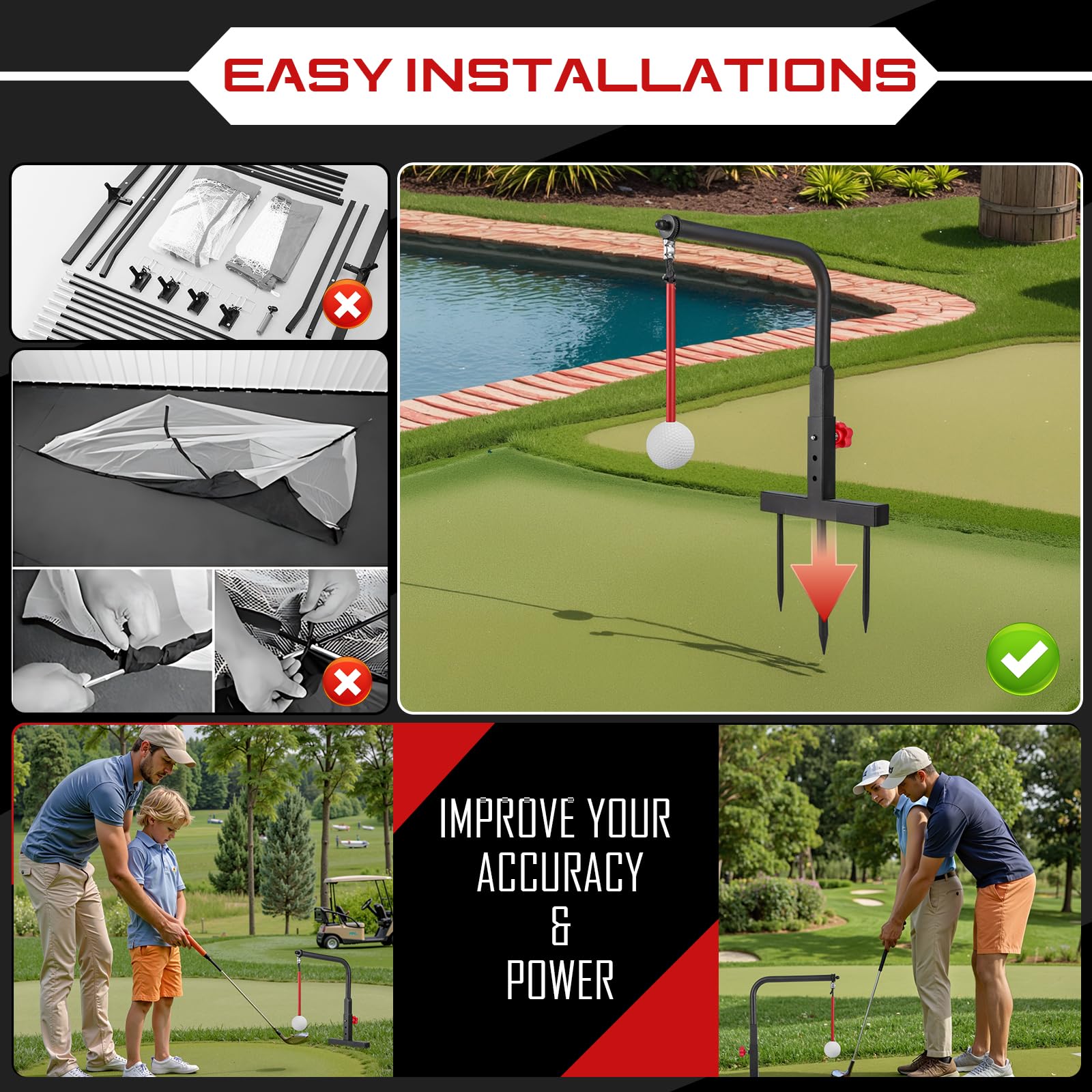Durable Golf Swing Trainer with Replacement Ball & Height Adjustment - Perfect Iron Practice Aid for Kids & Youth - Ideal Golf Gift & Training Accessory for Backyard, Driving Range & Indoor Practice