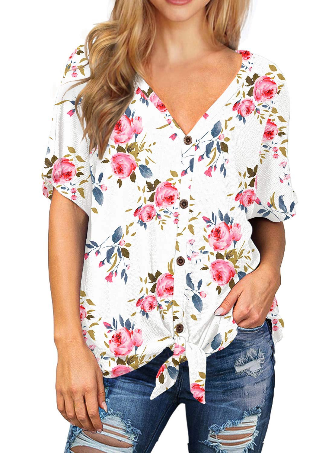 IWOLLENCE Women's Waffle Knit Tunic Blouse - Tie Knot Short Sleeve Henley Top, Loose Fit Batwing Shirt for Casual Wear & Layering | Perfect for Office, Date Night & Everyday Outfits