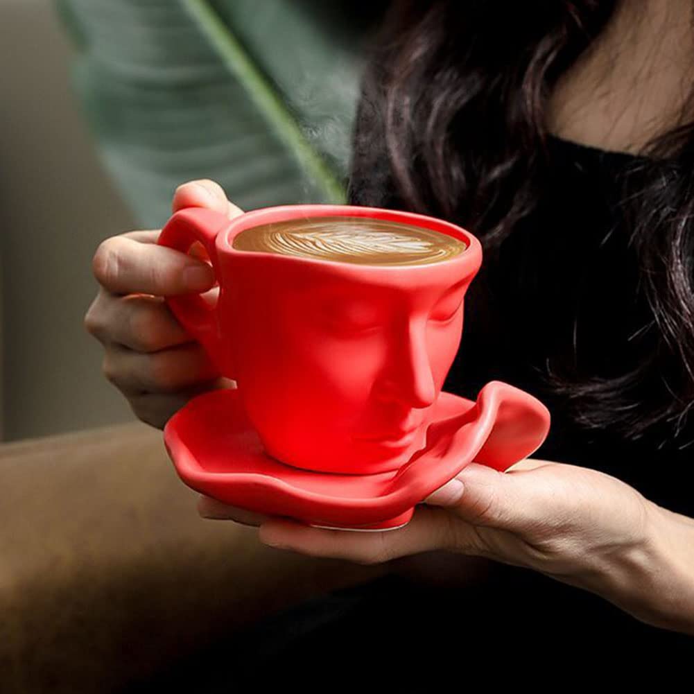 Creative Face Mug Set - 4-Piece Ceramic Coffee Cups & Saucers for Espresso, Cappuccino, Latte - Fun Tea Drinking Cups - Microwave & Dishwasher Safe (Red) - Perfect for Home, Office & Gifts