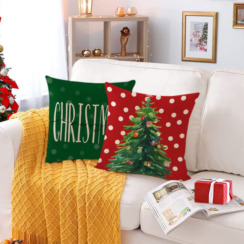 Festive Christmas Pillow Covers Set of 4 - 16x16 Inch Holiday Decorative Throw Pillow Cases with Christmas Tree, Deer & Santa Designs for Sofa, Couch, Bed - Perfect for Indoor & Outdoor Christmas Decorations (Red & Green)
