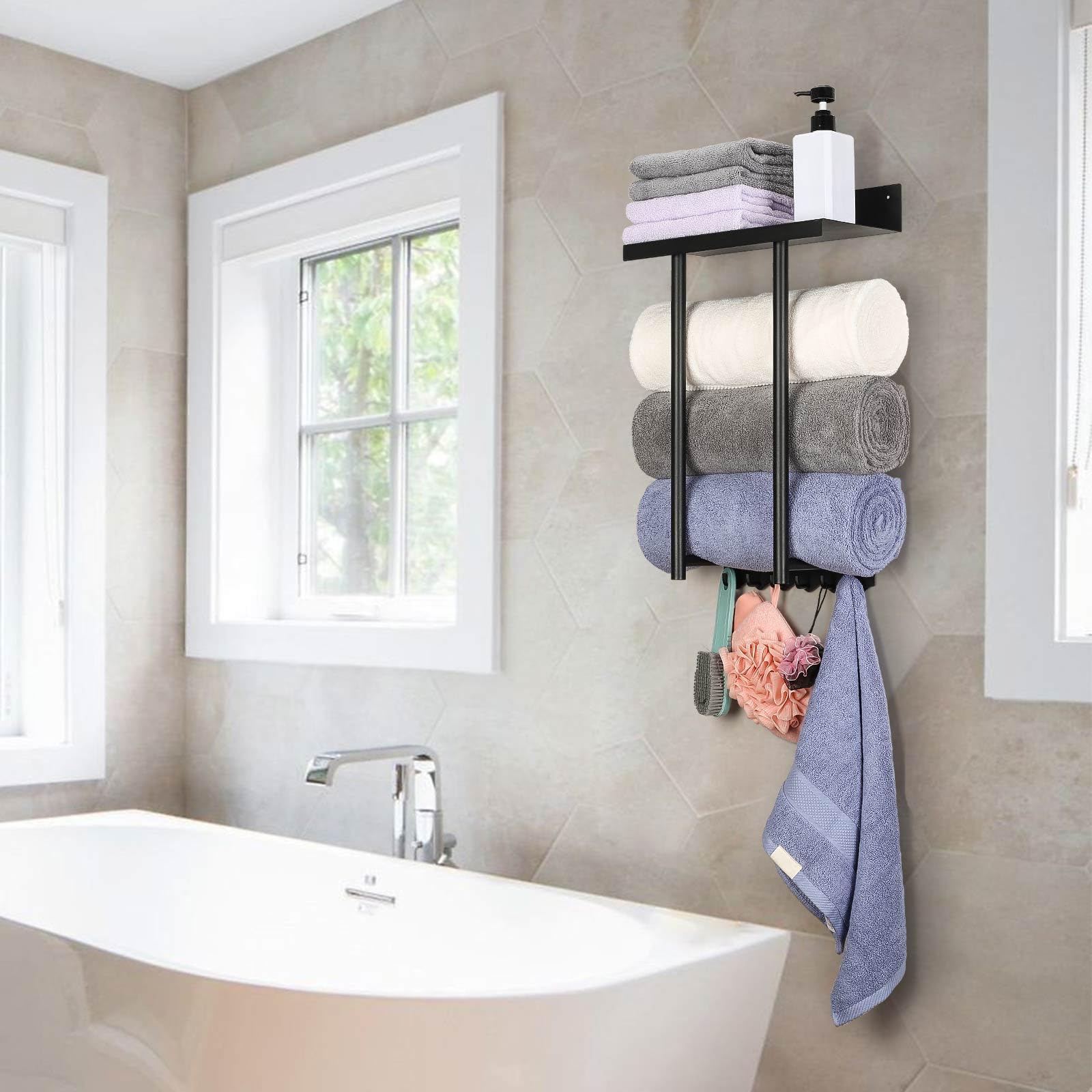 Stainless Steel Wall Mounted Towel Rack - Black Metal Bathroom Towel Holder with Shower Hooks for Rolled Towels & Blankets Storage | Space-Saving Bathroom Organizer for Home & Spa Use