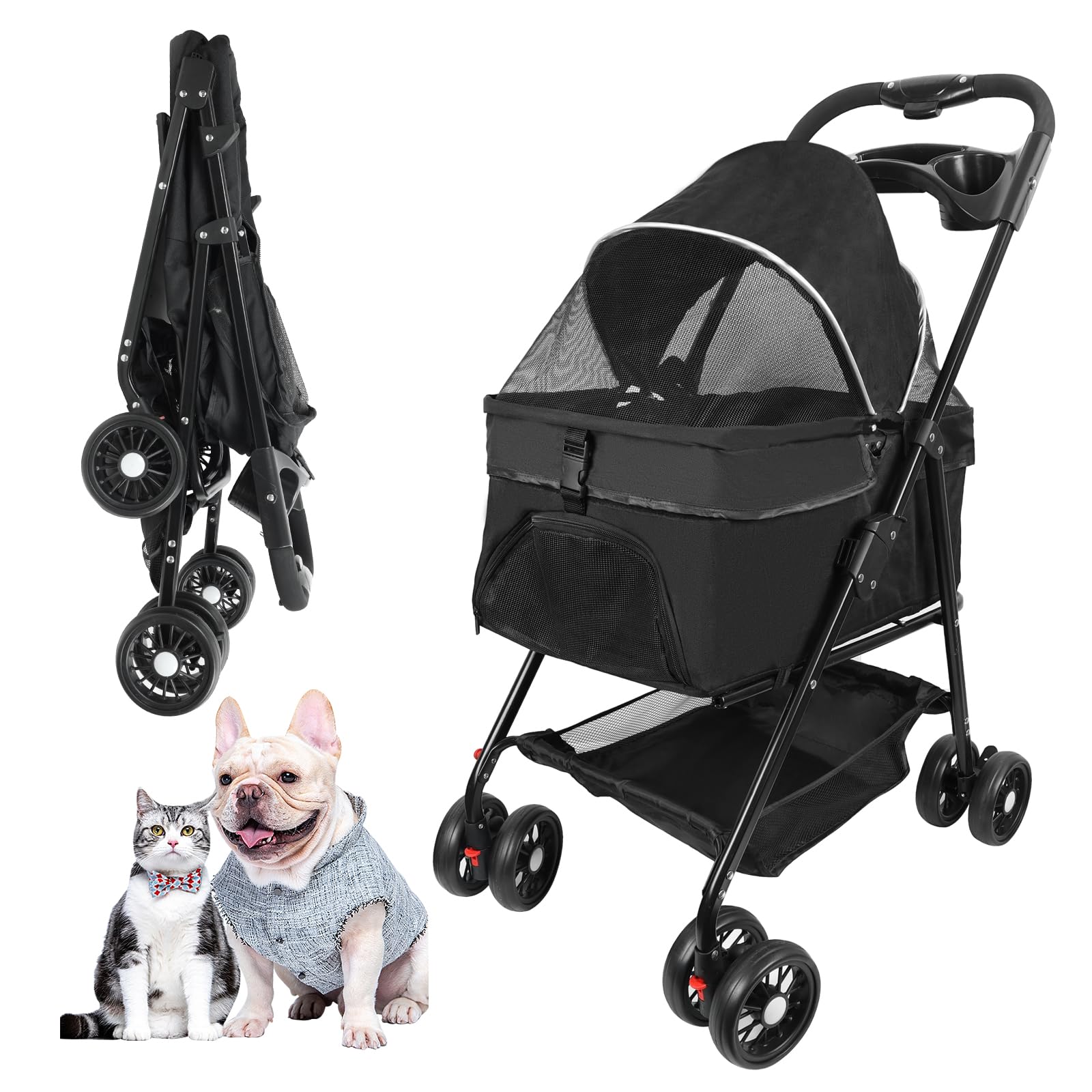 Premium 4-Wheel Pet Stroller for Small & Medium Dogs & Cats Up to 30lbs - Foldable Design with Storage Basket & Cup Holder (Black) - Perfect for Vet Visits, Shopping Trips & Outdoor Adventures