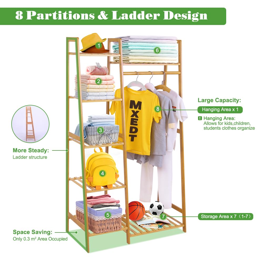 Bamboo Wooden Clothes Rack with Shelves - Space Saving Free Standing Garment Organizer for Kids & Small Spaces | Ladder Design for Corner Placement | Perfect for Bedroom, Nursery & Closet Organization