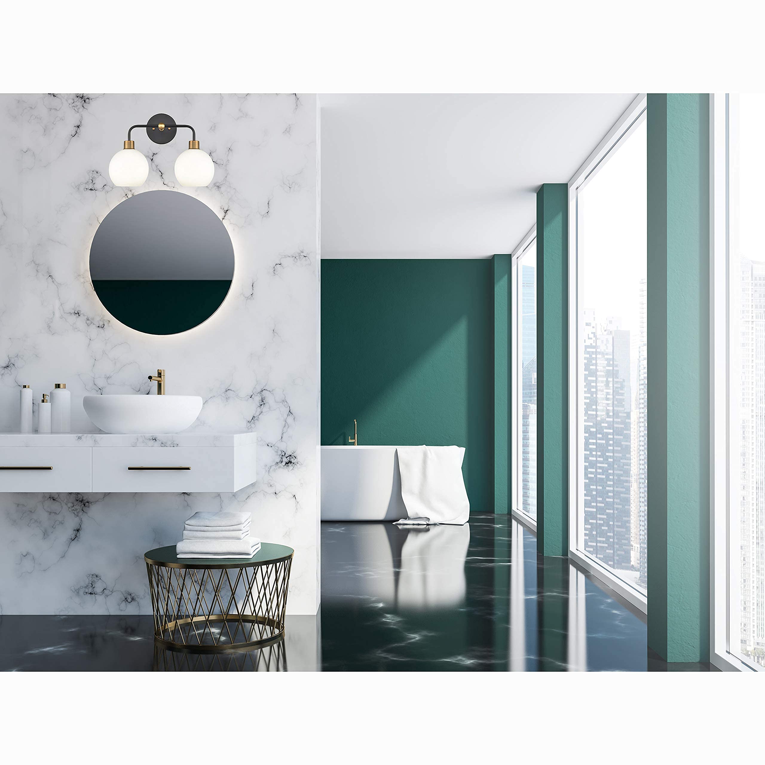 Liara Lukasa Modern Bathroom Vanity Lights - 2-Light Matte Black & Gold Over Mirror Lighting with Frosted Glass Covers, UL Listed - Perfect for Bathroom, Powder Room, and Dressing Area Lighting