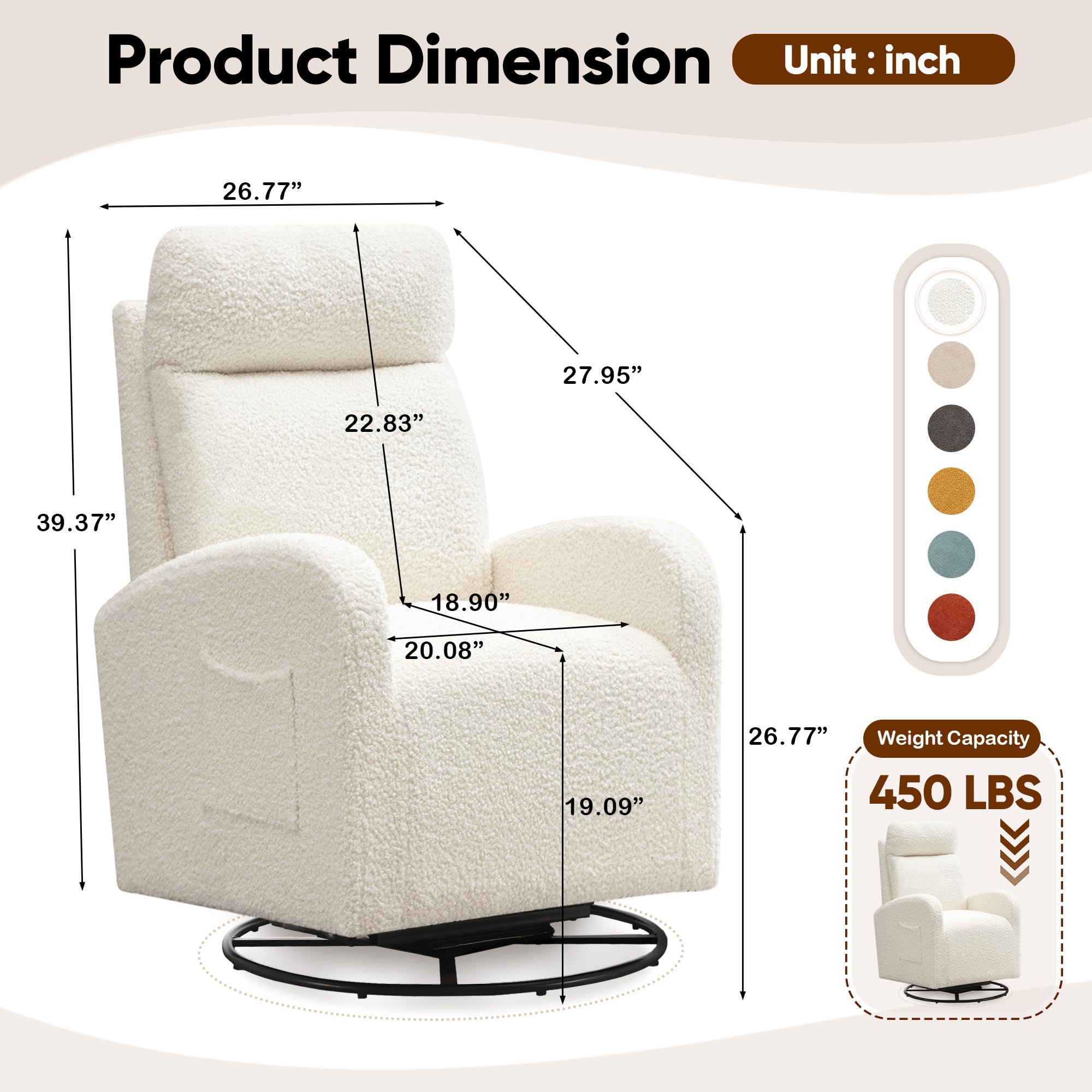 360° Swivel Glider Chair for Nursery & Living Room - Modern Ergonomic Rocking Recliner with High Back & Side Pocket - Cream White Boucle Upholstered Accent Chair for Bedroom, Nursery, Office - Perfect for Nursing, Relaxing & Reading