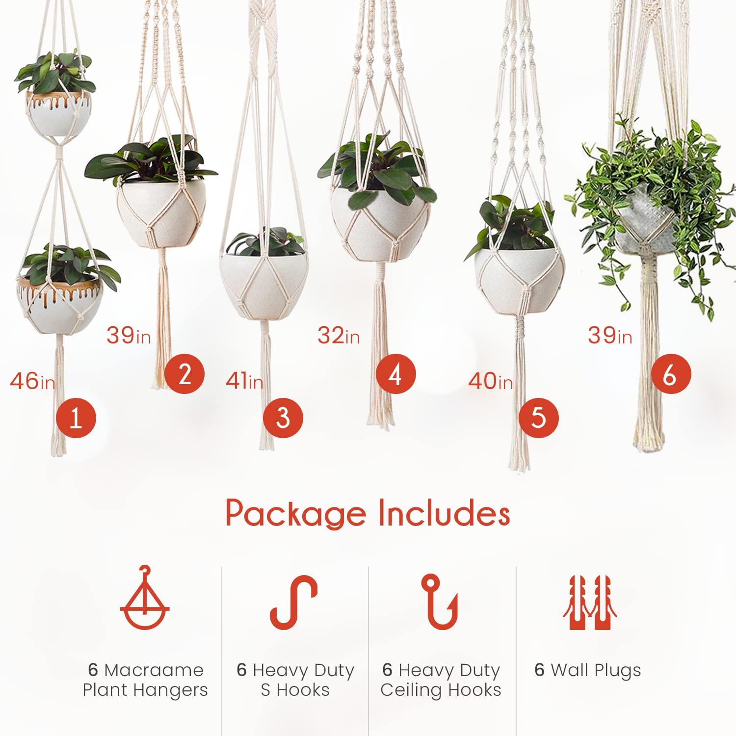 6 Pack Macrame Plant Hangers for Indoor & Outdoor Plants - Handmade Hanging Plant Holders with Flower Pots for Boho Home Decor, Living Room, Bedroom, Patio & Garden