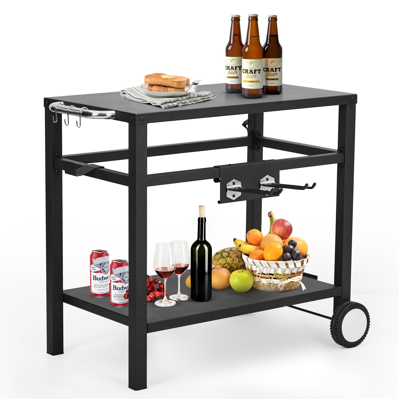 **Garvee Heavy-Duty Grill Cart with Wheels & Hooks – Portable BBQ Prep Table, Pizza Oven Stand, Double-Shelf Cooking Station – Perfect for Outdoor Grilling, Patio, Camping & Home Use (Black)**