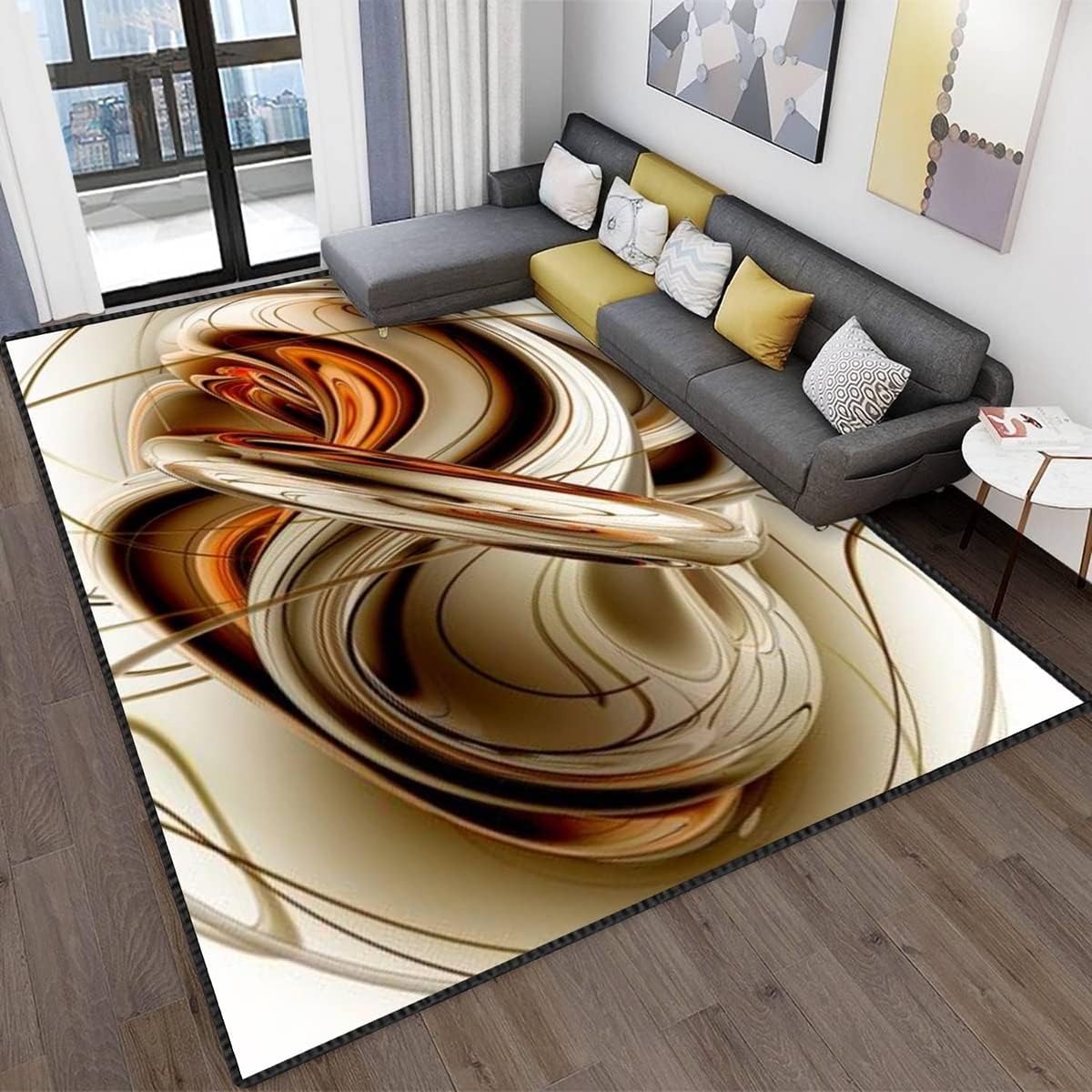 Modern Abstract Geometric Area Rug - Stain Resistant Non-Slip Carpet for Living Room, Bedroom, Kitchen & Bathroom - Orange White Seamless Pattern Home Decor Mat - Perfect for Contemporary Spaces & High Traffic Areas