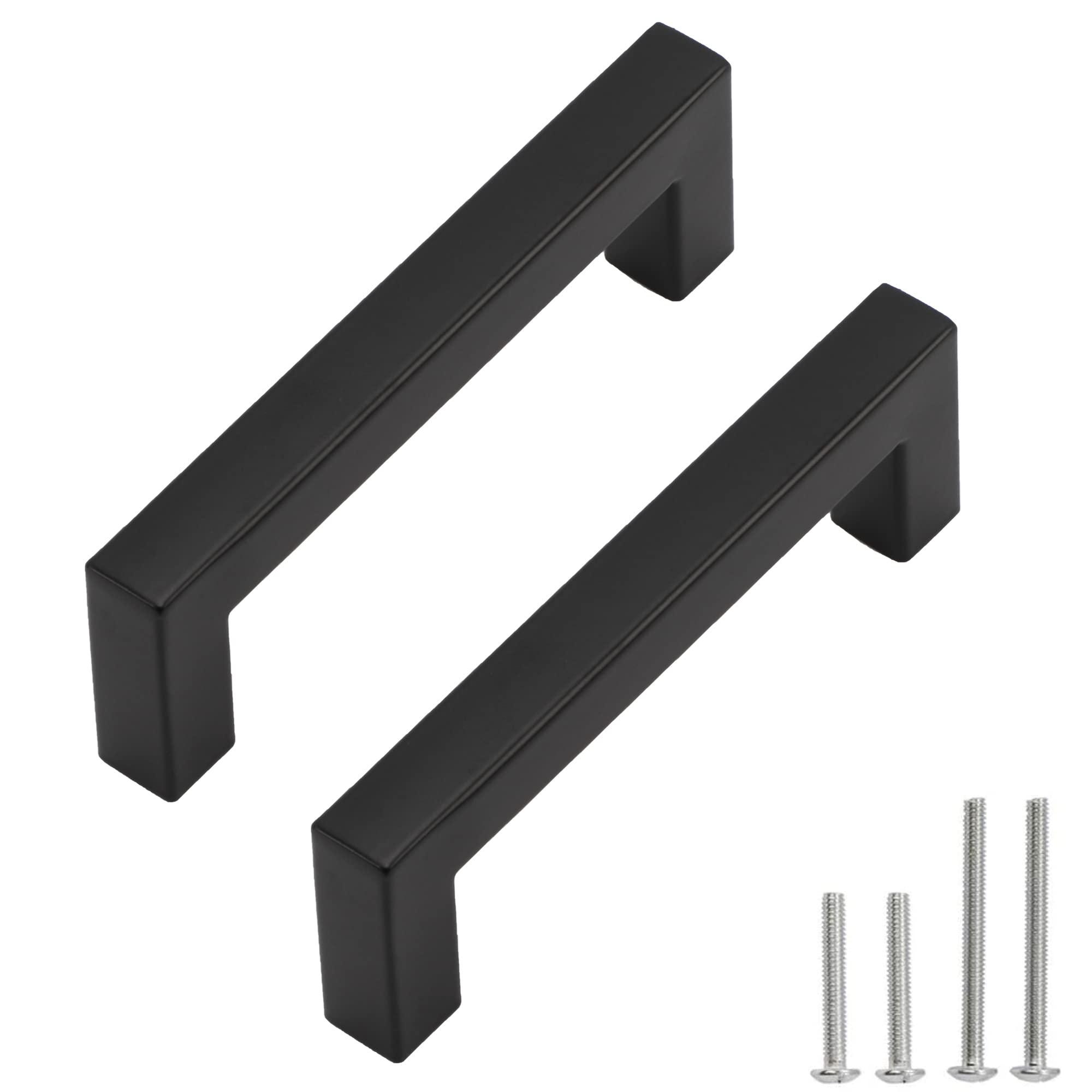 Matte Black Square Cabinet Pulls - 10 Pack 3-3/4 Inch Stainless Steel Kitchen Drawer Handles (96mm Hole Centers) - Durable Cabinet Hardware for Kitchen Cabinets, Bathroom Vanities & Office Furniture