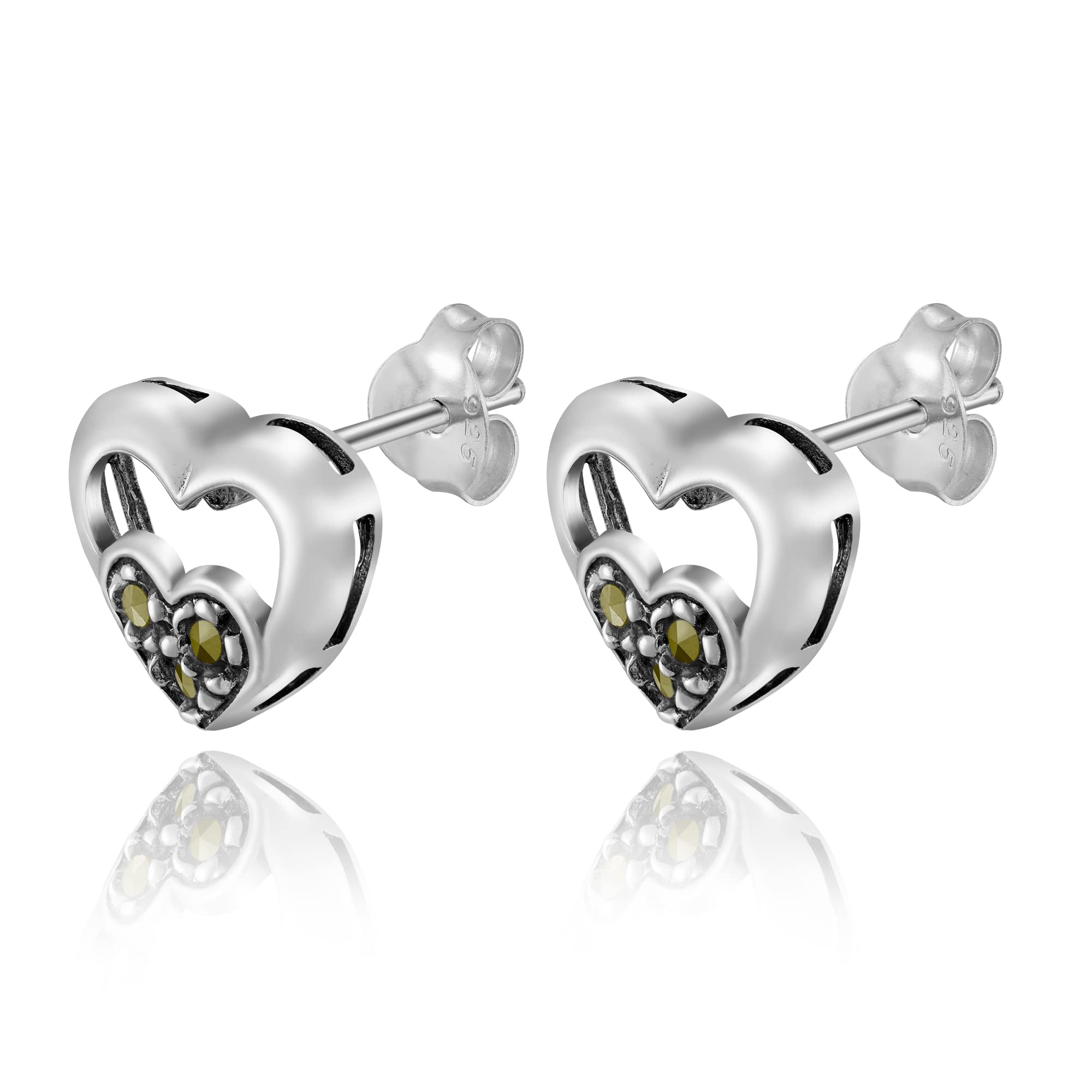 AeraVida Minimalist Heart Marcasite Pyrite Stud Earrings in .925 Sterling Silver | Open & Double Heart Earrings for Women | Valentine's Day Jewelry Gift | Perfect for Date Night, Anniversary & Romantic Occasions