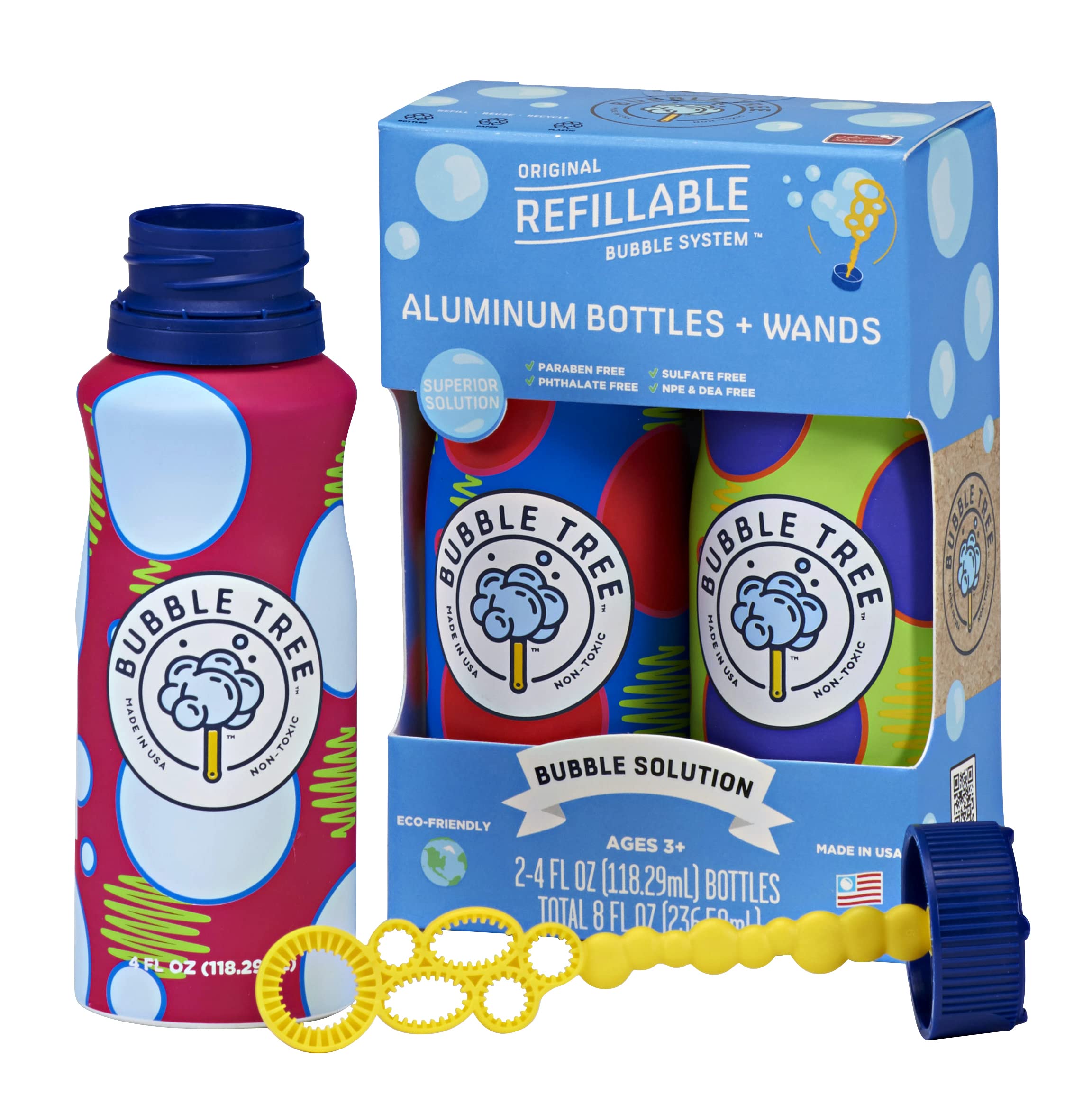 **Eco-Friendly Refillable Bubble Tree Kit - 2 Pack Aluminum Bottles with USA-Made Bubble Solution for Outdoor Play & Kids Parties**