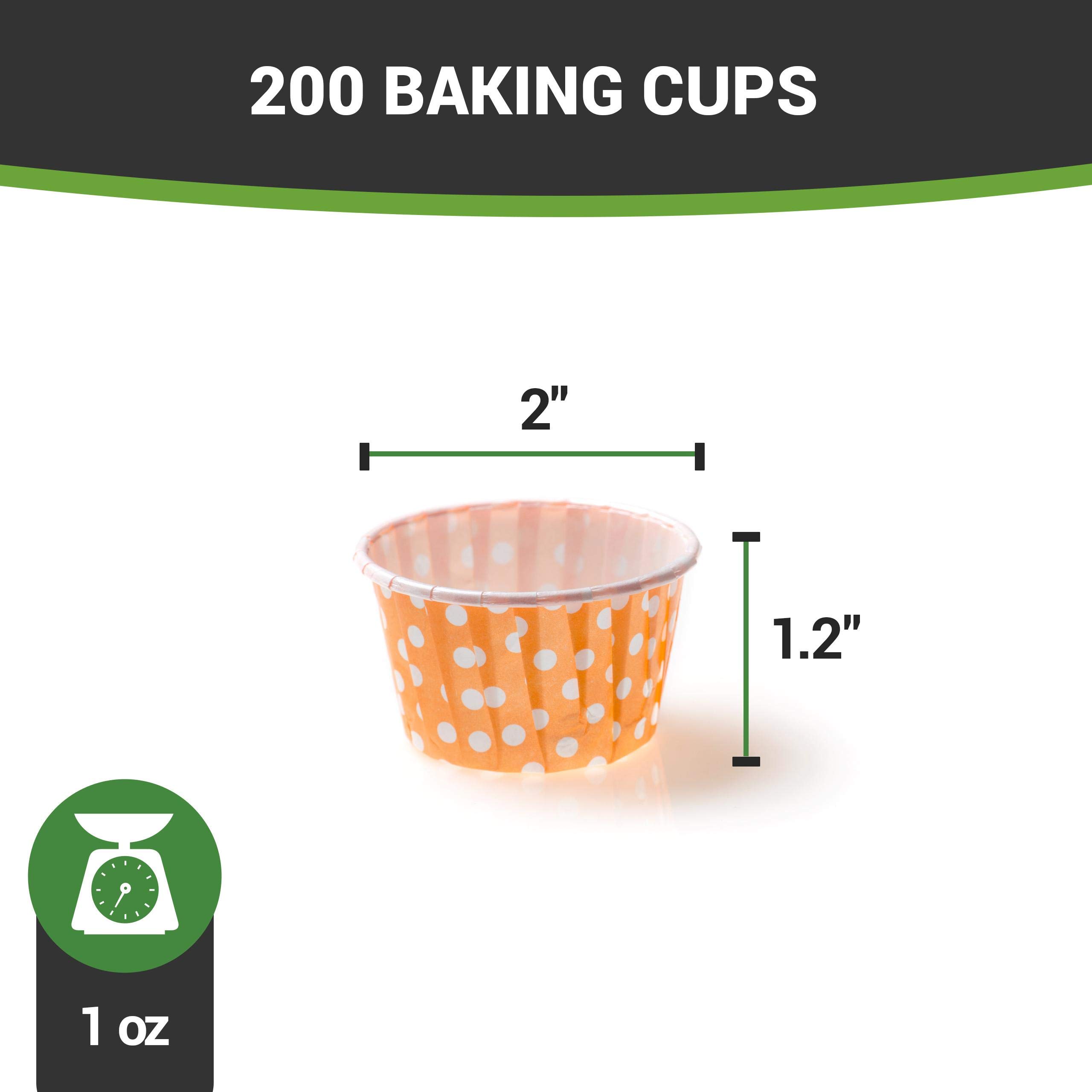Restaurantware Panificio 1 Ounce Baking Cups - 200 Count Pleated Cupcake Liners | Oven-Safe & Freezer-Safe Orange Polka Dot Muffin Wrappers | Disposable Baking Cups for Weddings, Baby Showers & Birthday Parties | Perfect for Cupcakes, Muffins & Mini Desserts