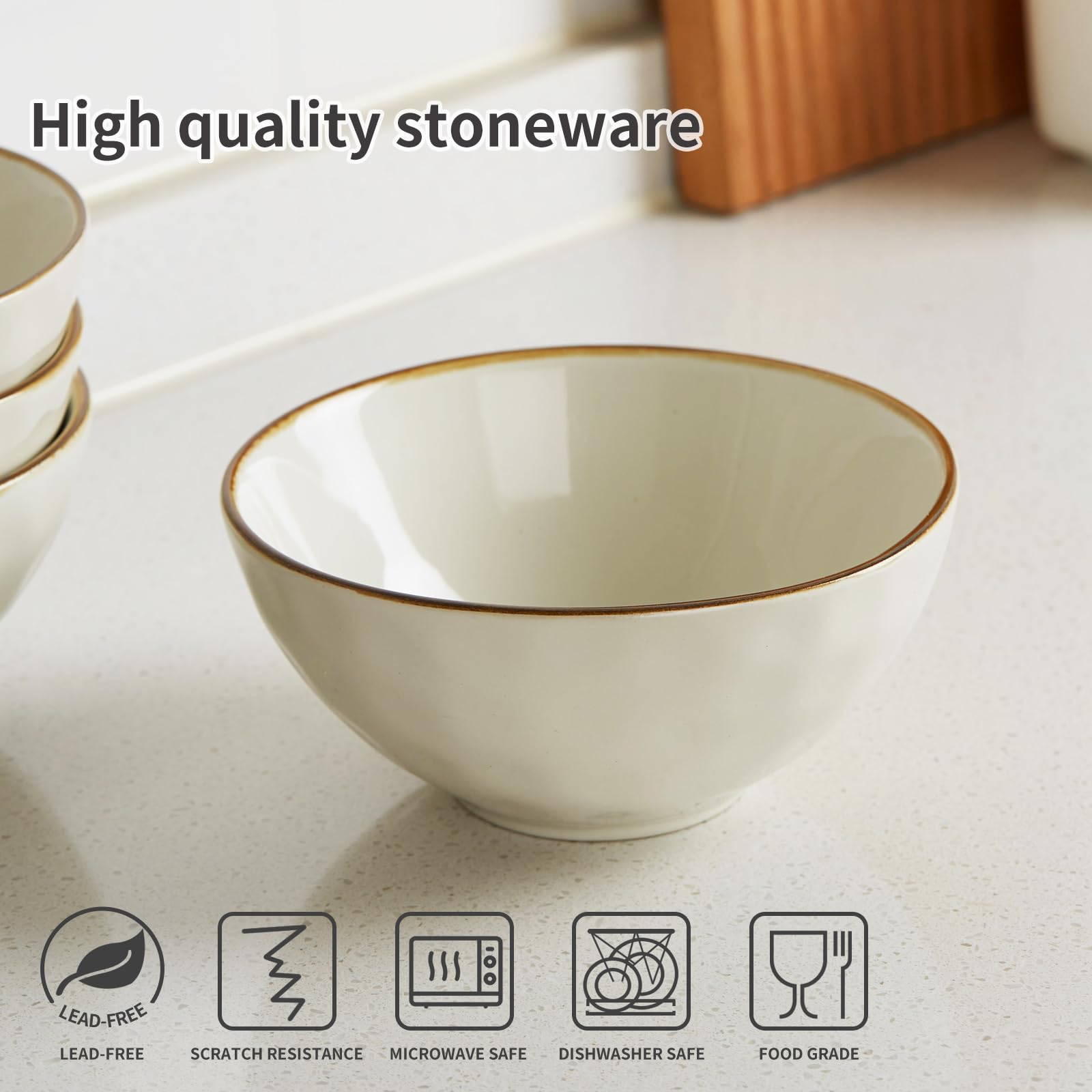 Famiware 6-Piece Cereal Bowls Set - 23oz Round Soup Bowls for Rice, Oatmeal & Soup - Microwave & Dishwasher Safe Scratch-Resistant Vanilla White Kitchenware - Perfect for Breakfast, Family Dinners & Entertaining Guests
