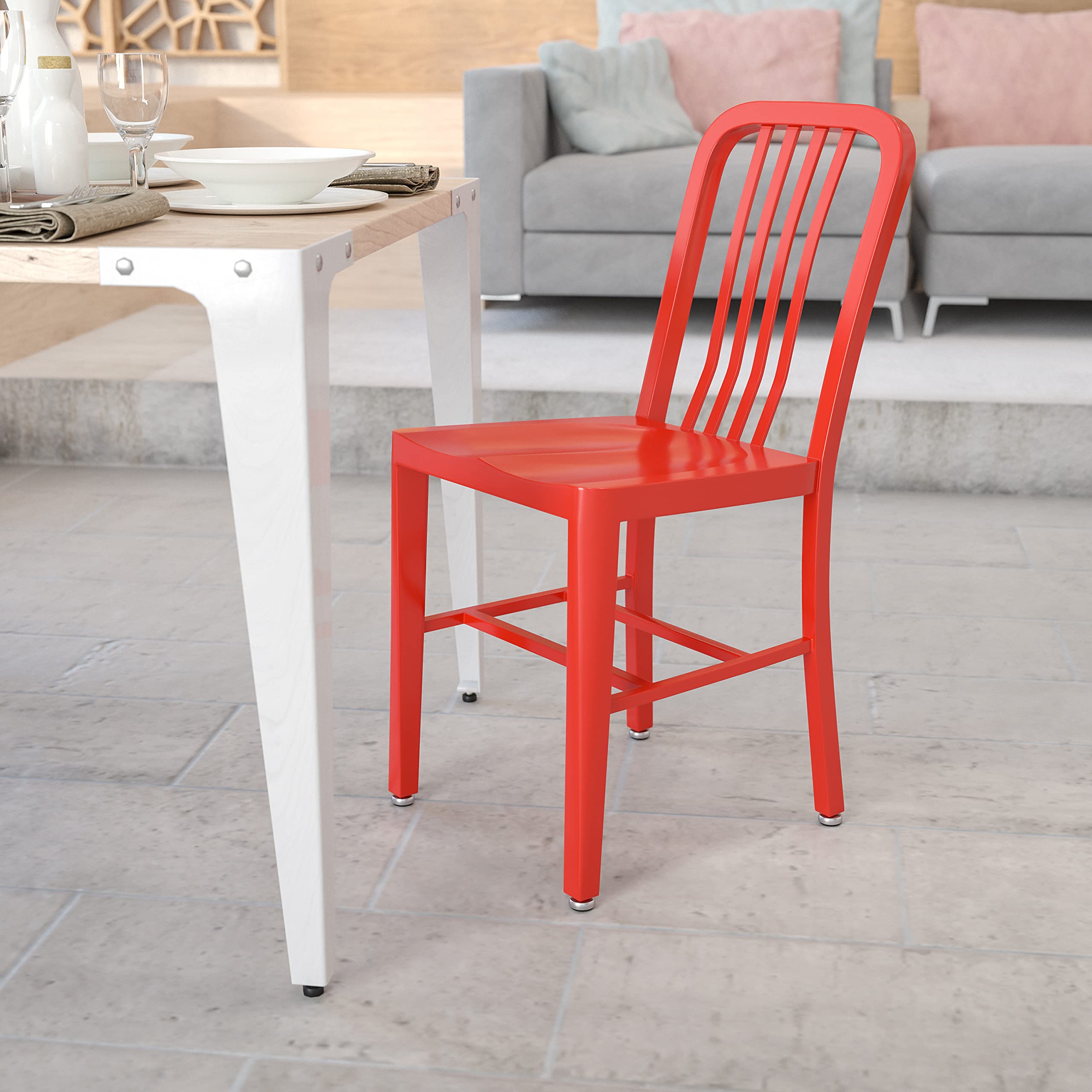 Premium Commercial Grade Red Metal Indoor-Outdoor Chair by EMMA + OLIVER - Durable Patio, Garden, Restaurant & Cafe Seating Solution