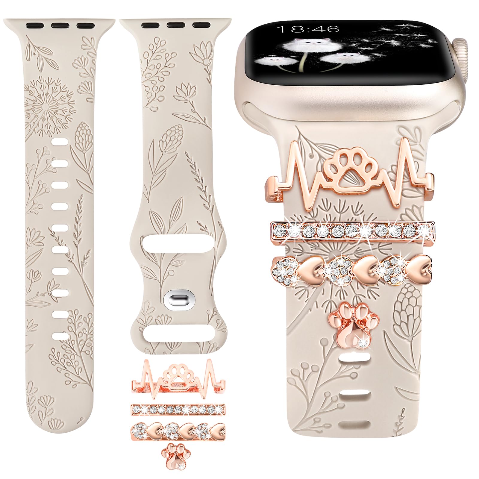 TOYOUTHS Floral Engraved Silicone Apple Watch Band with Charms - Compatible with iWatch Series 10/9/SE/8/7/6/5/4/3/2/1 (38/40/41/42mm) - Women's Fashion Bracelet with Decorative Ring Loops - Starlight+Paw - Perfect for Work, Parties & Everyday Wear