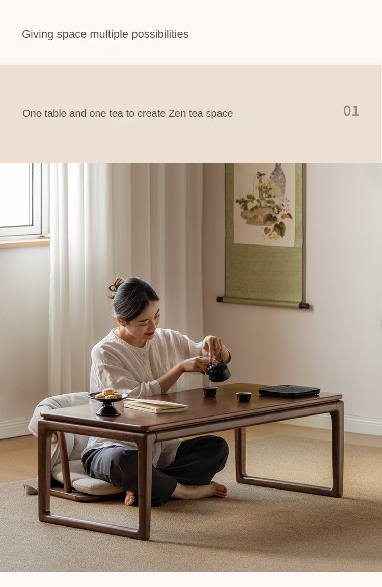 Premium Oak & Black Walnut Solid Wood Tatami Tea Table - Japanese Style Low Coffee Table for Living Room, Zen Meditation, and Tea Ceremony