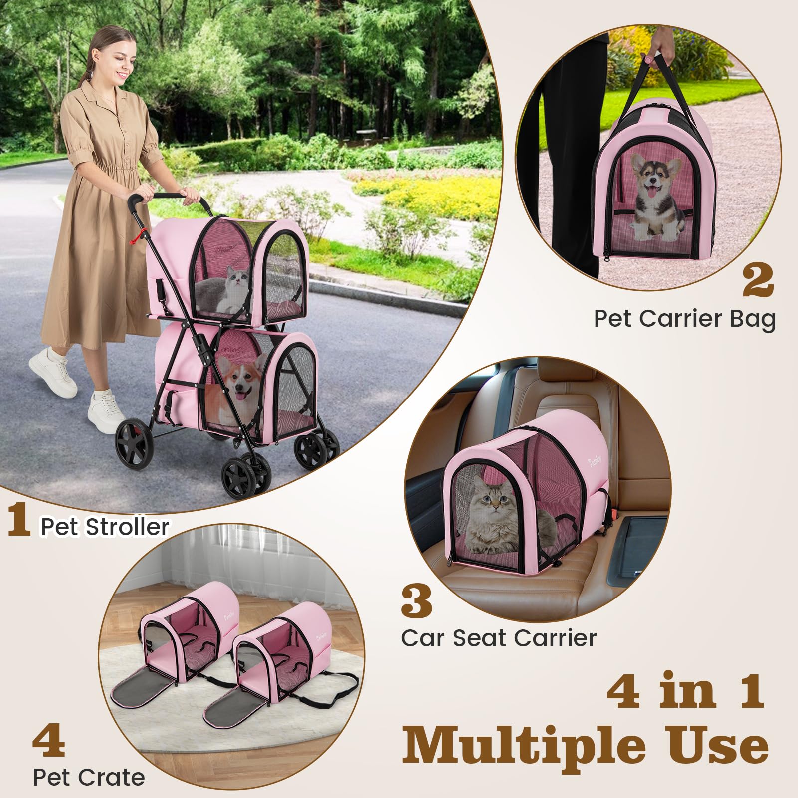PETSITE Double Dog Stroller - Foldable Pet Carrier for 2 Small/Medium Dogs & Cats with Detachable Wheels - Jogger Stroller Crate for Car Seat, Walking, Camping & Travel - Ideal for Park Visits, Vet Trips & Outdoor Adventures (Pink)