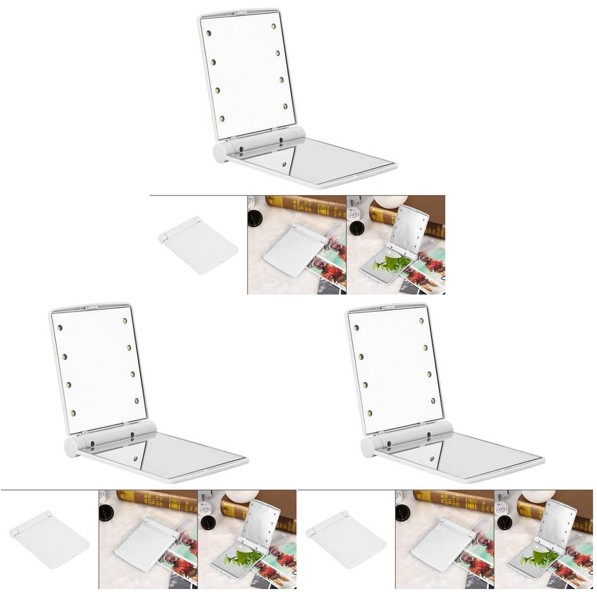 Beavorty 3 Pack Folding Travel Mirror with 8 LED Lights - Portable Double-Sided Makeup Mirror for Purse, Handbag & Pocket - Handheld Vanity Mirror (White) - Perfect for Travel, Home & On-the-Go Makeup
