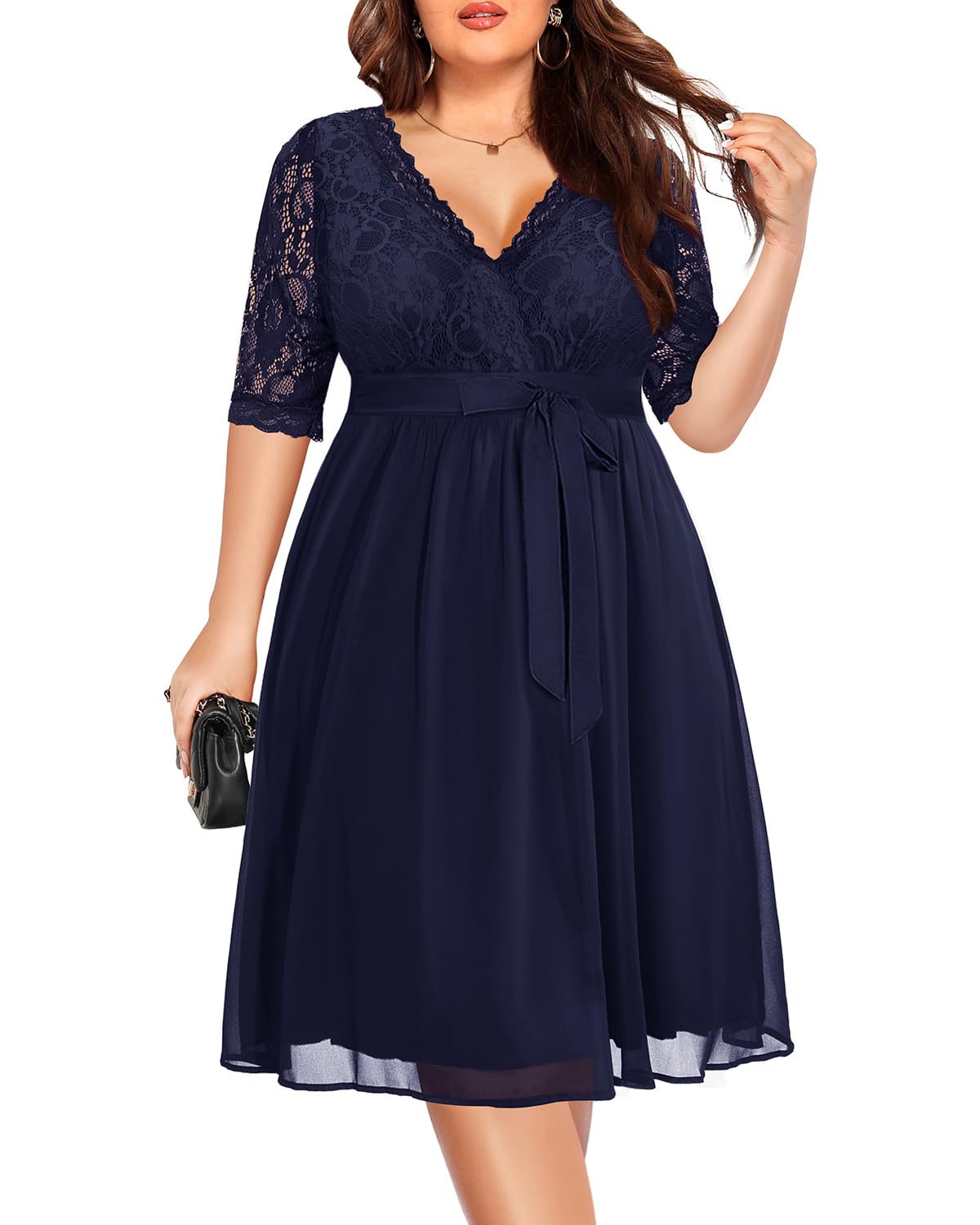 Plus Size Lace Chiffon Wrap V-Neck Midi Dress for Women - Elegant Cocktail & Wedding Guest Dress - Perfect for Parties, Date Nights & Special Occasions