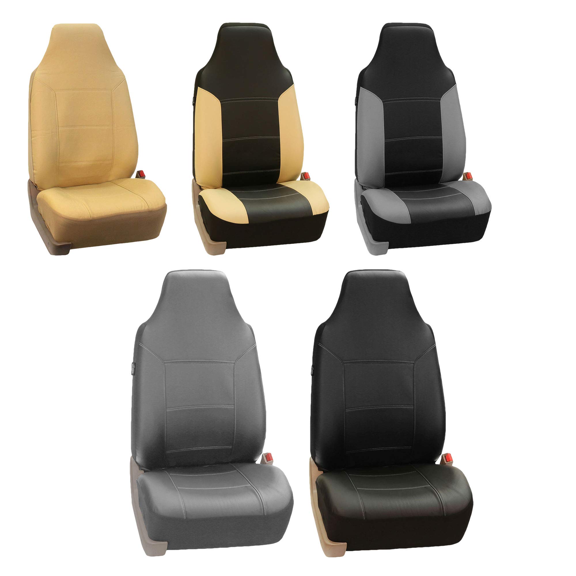 Premium FH Group Full Set PU Leather Car Seat Covers - Universal Fit for Most Vehicles, 1-Piece Front Seat Covers with Airbag Compatibility, Split Bench Rear Seat Cover for SUV/Truck (Beige & Black) - Perfect for Road Trips, Daily Commutes & Protecting Your Car Interior