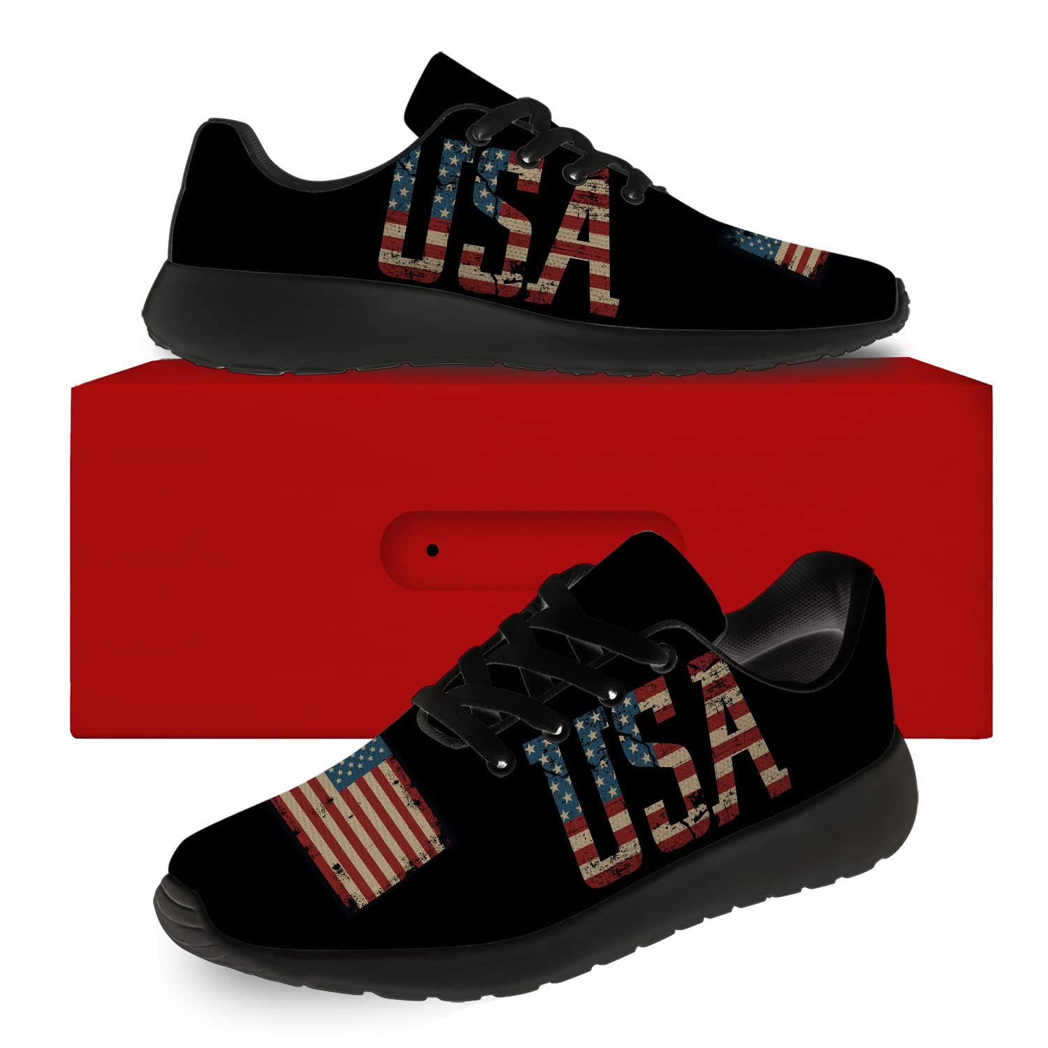 USA Flag Running Shoes for Men & Women - Patriotic American Flag Tennis Sneakers for Walking, Jogging & Casual Wear - Size 11 Men/13 Women in Black with Red & Blue Design - Perfect for 4th of July, Veterans Day & Patriotic Events