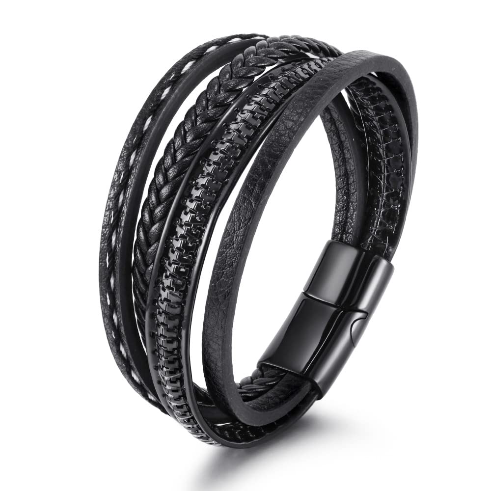 Punk Layered Braid Leather Bracelet for Men with Cross Pendant & Magnetic Clasp - Adjustable Handwoven Bangle Bracelet Jewelry for Teen Boys & Men - Perfect for Casual Wear, Gifts & Rocker Style