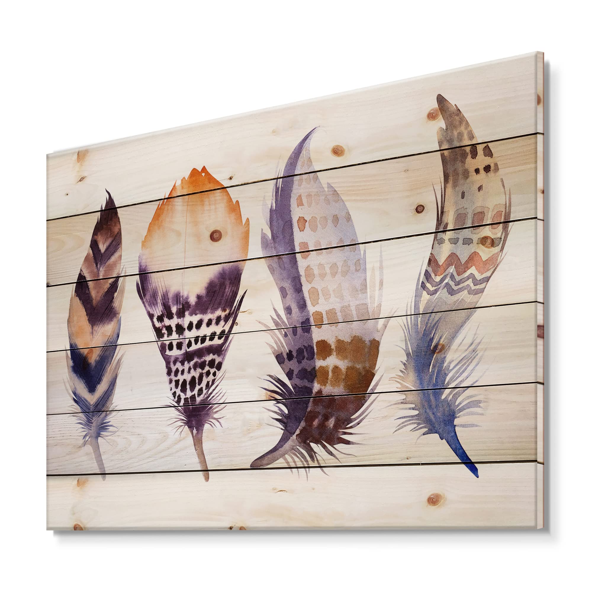 Bohemian Purple Feather Wood Wall Art - Handcrafted Pine Wood Decor with Boho Design, Large Animal Print Panels for Living Room, Bedroom & Office