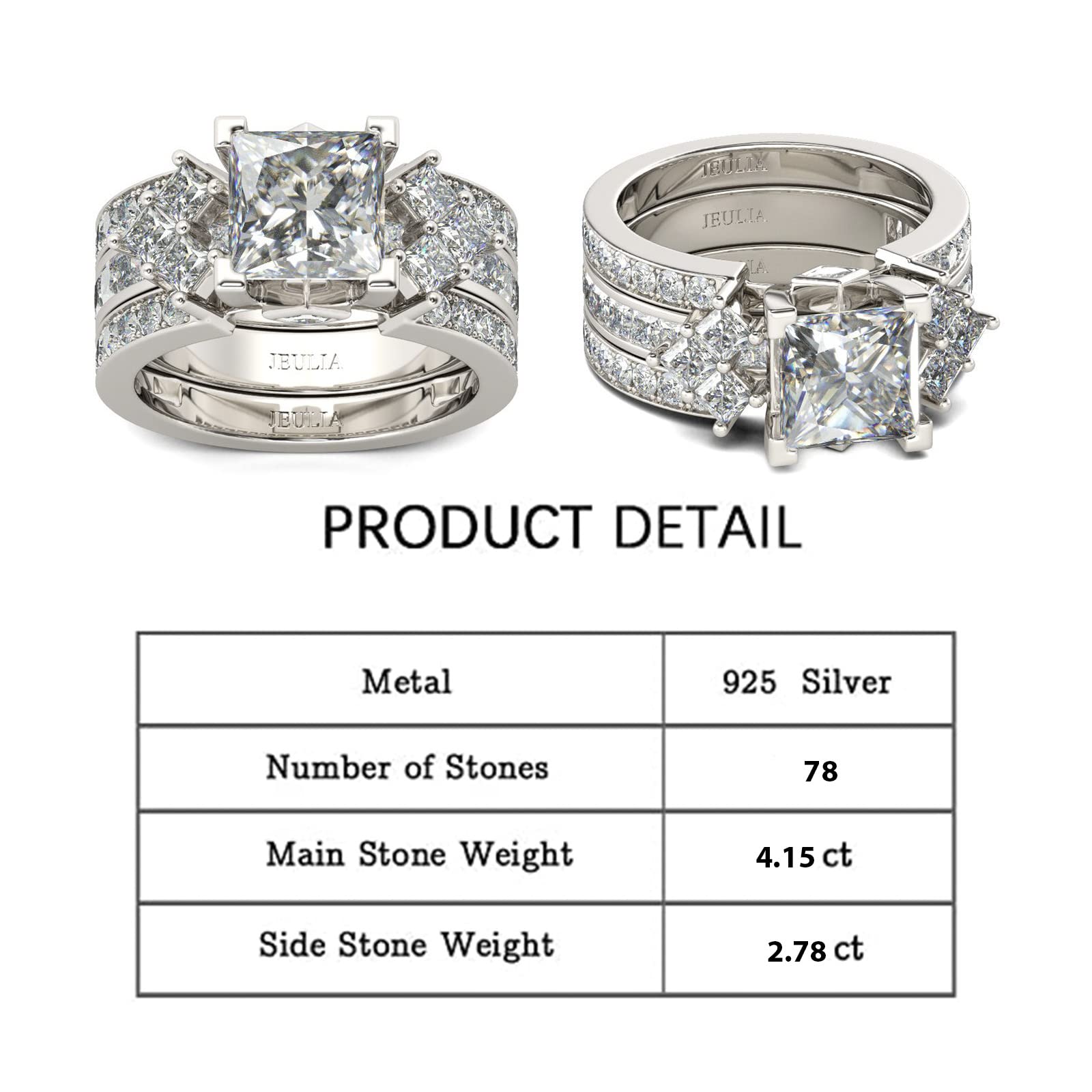 Jeulia 4.1 Carat Princess Cut Bridal Ring Set for Women - Sterling Silver Engagement & Wedding Band Set with Interchangeable Rings, Jewelry Box - Perfect for Proposals, Anniversaries & Special Occasions