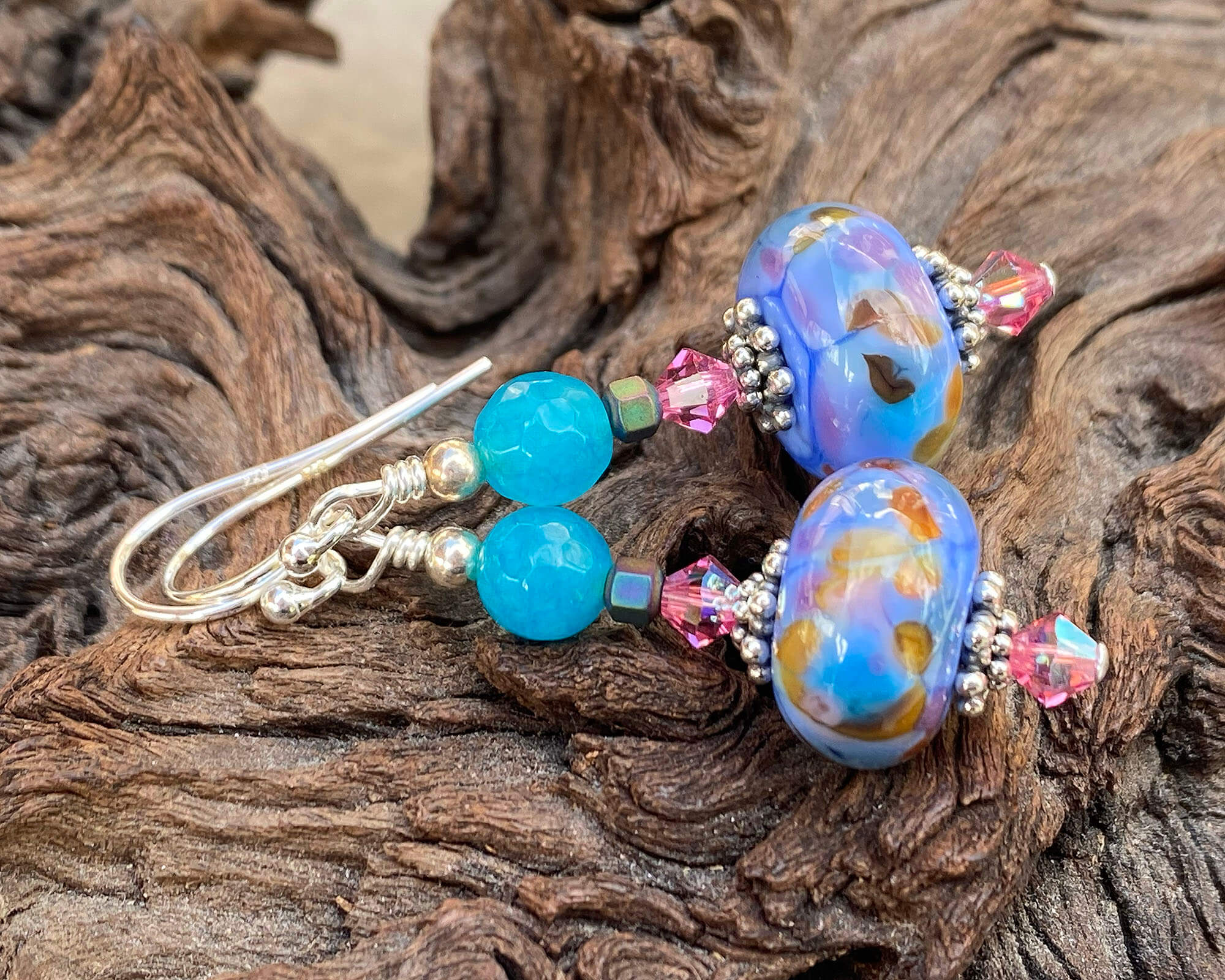Periwinkle Blue Agate Lampwork Earrings – Handmade Beaded Dangle Earrings for Women | Boho Chic Jewelry Gift for Birthday, Wedding & Party Accessories