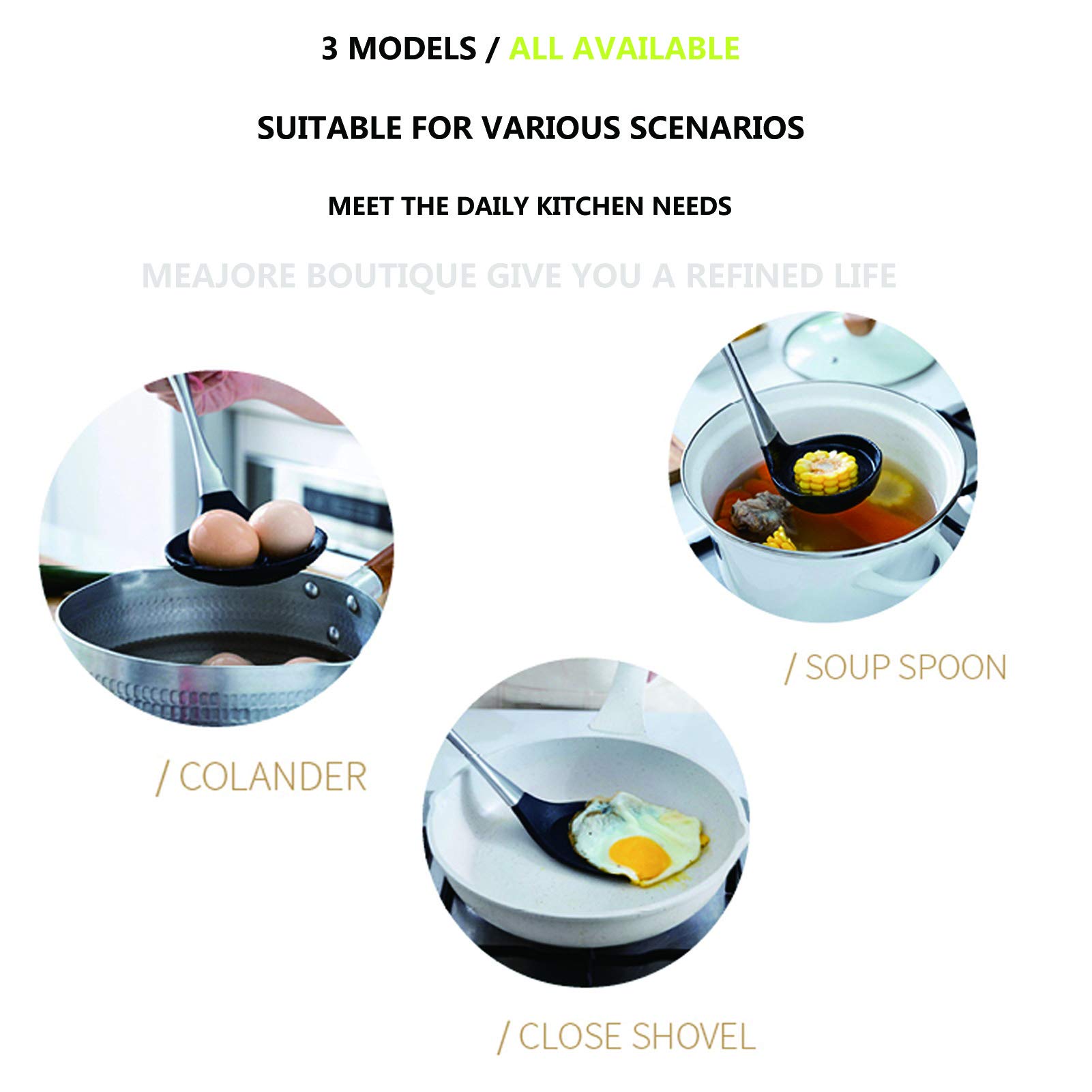 Premium 3-Piece Silicone Kitchen Utensil Set - Heat-Resistant Stainless Steel Handle with Flexible Silicone Head (Wok Spatula, Ladle, Slotted Spoon) - Grey - Perfect for Non-Stick Cookware, Stir-Frying, Serving Soups & Pasta