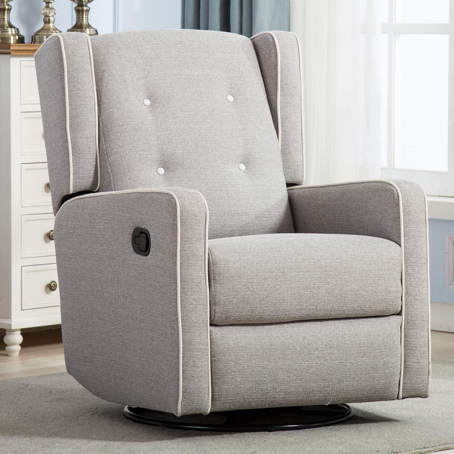 Comfortable Swivel Rocker Recliner Chair - Manual Reclining Nursery Glider with Smooth 360° Rotation, Soft Grey Fabric - Perfect for Baby Nurseries, Living Rooms & Relaxation