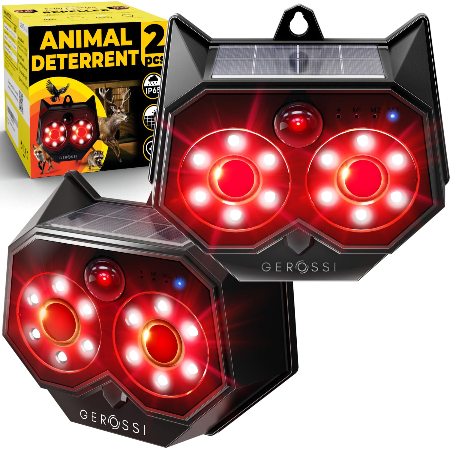 Solar Powered Animal Repellent Lights 2 Pack - Motion Activated Predator Eyes for Coyote, Deer, Fox, Raccoon Deterrent - Effective Pest Control Device for Chicken Coops, Farms, Gardens & Backyards - Outdoor Wildlife Protection Solution