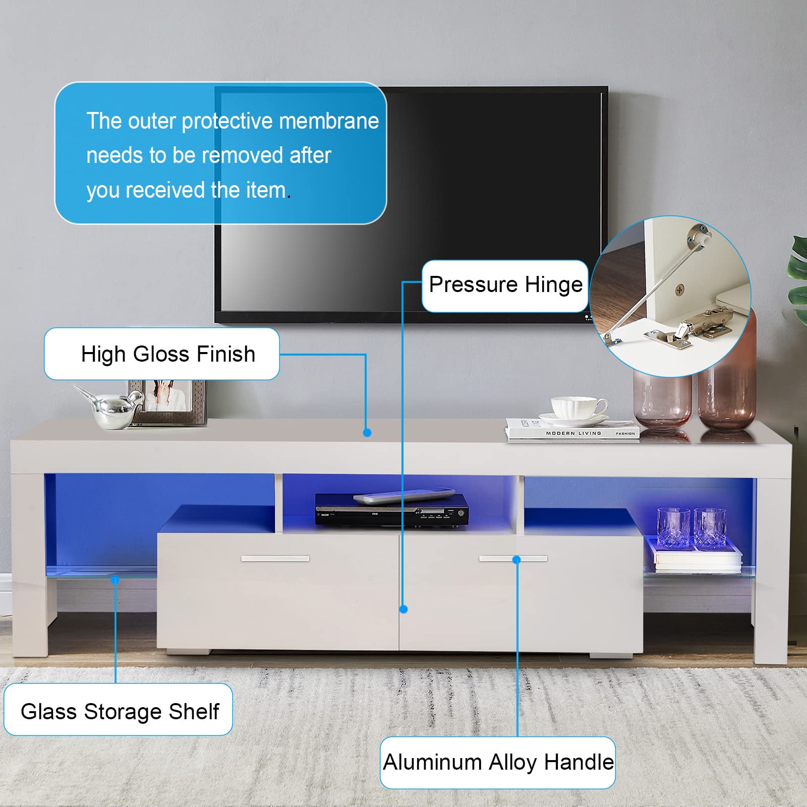 70 Inch White TV Stand with 16-Color LED Lights - High Gloss Entertainment Center with Large Storage Cabinet & Glass Shelves - Perfect for Living Room, Bedroom & Home Theater Setup