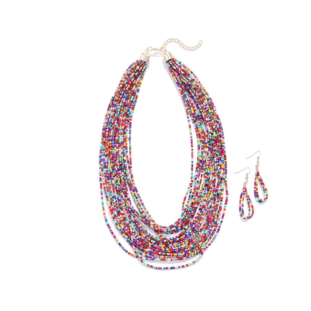 Wosois Multilayered Seed Bead Necklace Set - Yellow African Tribal Jewelry for Women | Boho Statement Necklace & Earrings Set | Perfect for Festivals, Weddings & Boho Fashion