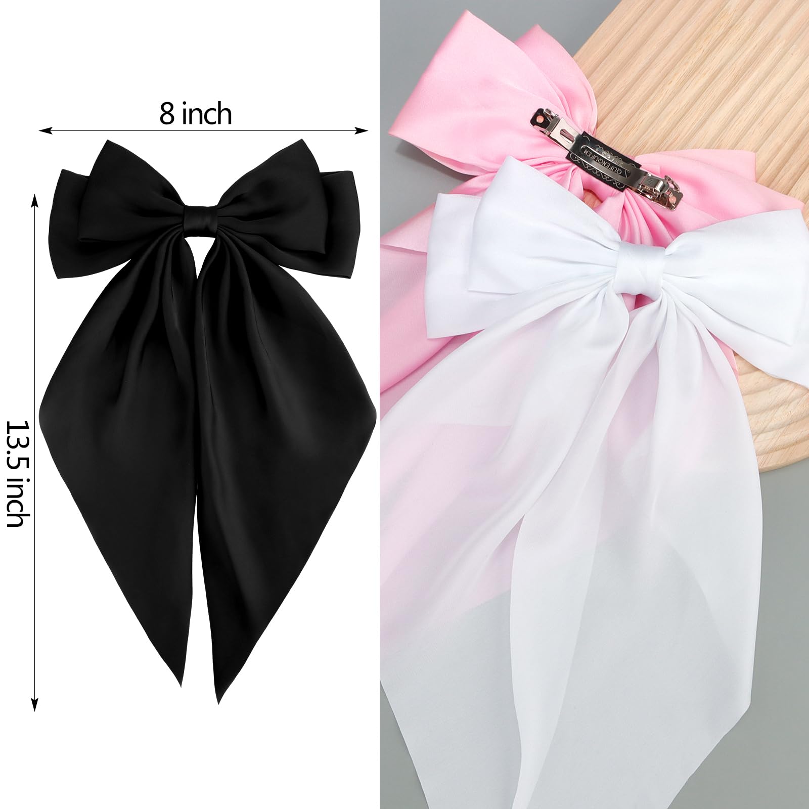 Velscrun 3Pcs Large Satin Hair Bows for Women & Girls - White, Pink, Black - Oversized Hair Clips with Long Tail Ribbons - Perfect for Parties, Weddings, and Everyday Hair Accessories