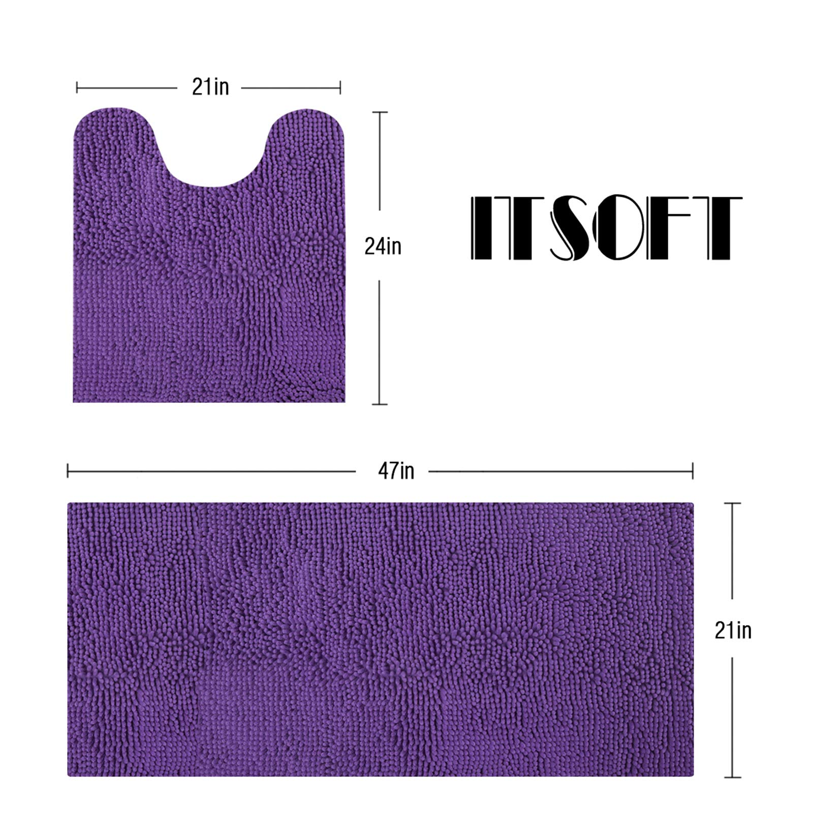ITSOFT 2-Piece Non-Slip Shaggy Chenille Bathroom Rug Set - 21x24 Inch U-Shaped Toilet Mat & 21x47 Inch Bath Mat, Soft & Absorbent, Lilac - Perfect for Bathroom, Shower, Vanity & Home Decor