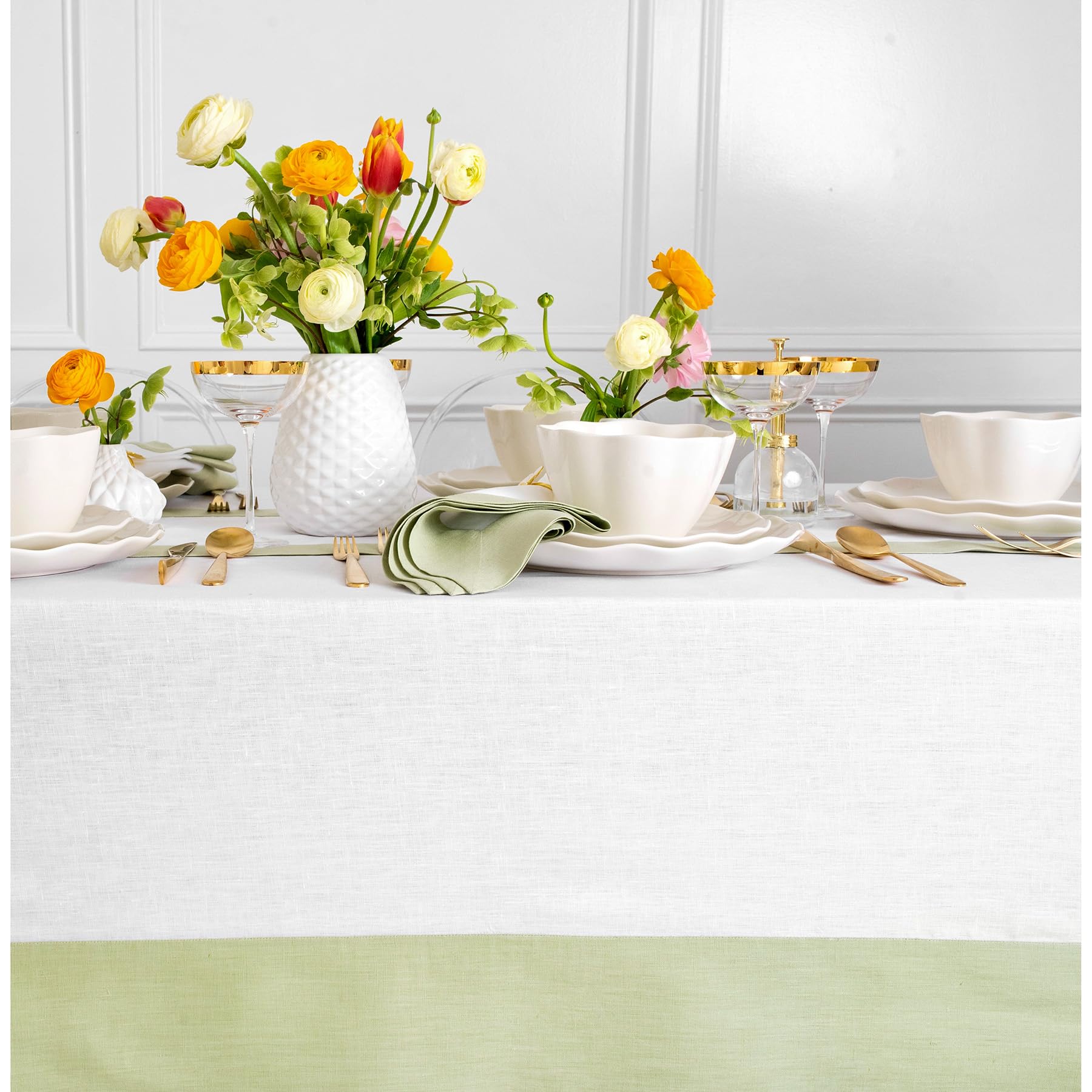 Premium 100% Pure Linen Tablecloth 60x90 Inches - Sage Green & White Rectangular Table Cover - Machine Washable, Wrinkle-Resistant for Easter, Mother's Day, Wedding & Party Decor - Perfect for Dining Tables, Buffets & Special Occasions