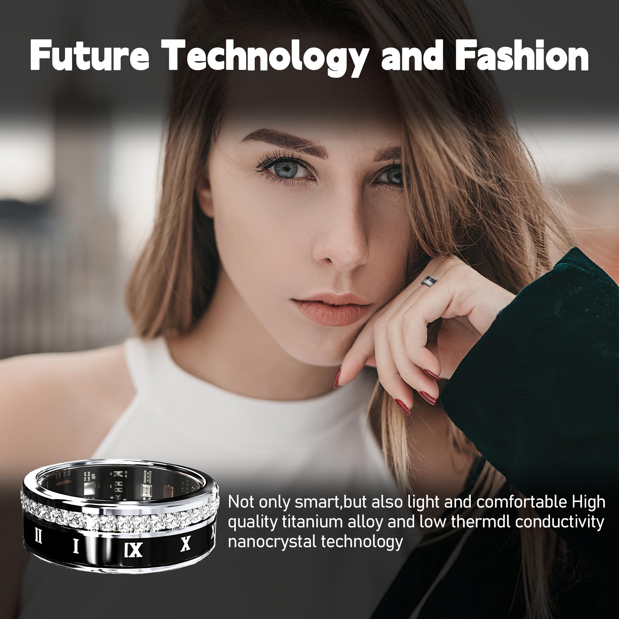 Smart Ring Fitness Tracker - Heart Rate, Blood Oxygen & Sleep Monitor with Blood Pressure Tracking, IP68 Waterproof, iOS/Android Compatible, Remote Camera Control & Family Care Features - Diamond Style Fashion Accessory for Workouts, Sleep Analysis & Daily Health Monitoring (Size 10)