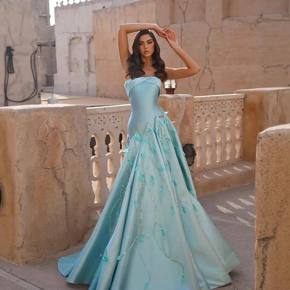 Elegant Blue Strapless Satin Mermaid Evening Gown LA73046 - Perfect for Prom, Wedding Guest & Formal Events
