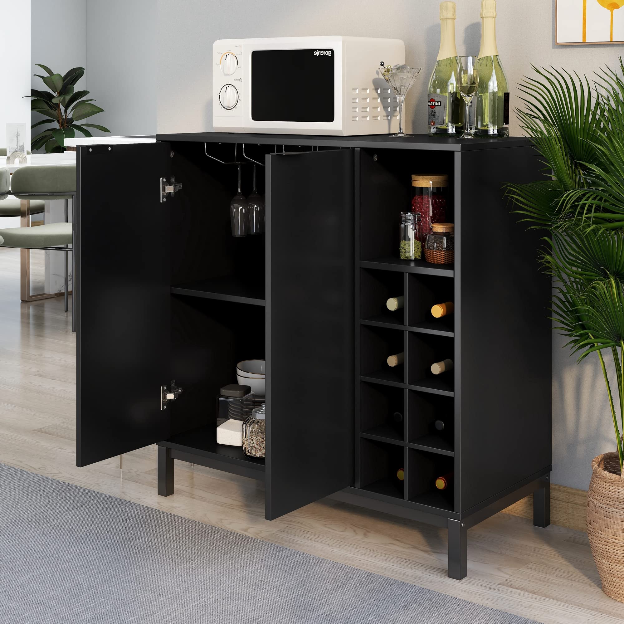 Modern Bar Cabinet with Wine Rack - 2 Door Kitchen Buffet Sideboard with 9-Bottle Storage, Entryway Serving Cabinet for Dining Room & Home Bar (Black) - Perfect for Wine Storage, Entertaining Guests & Small Space Organization