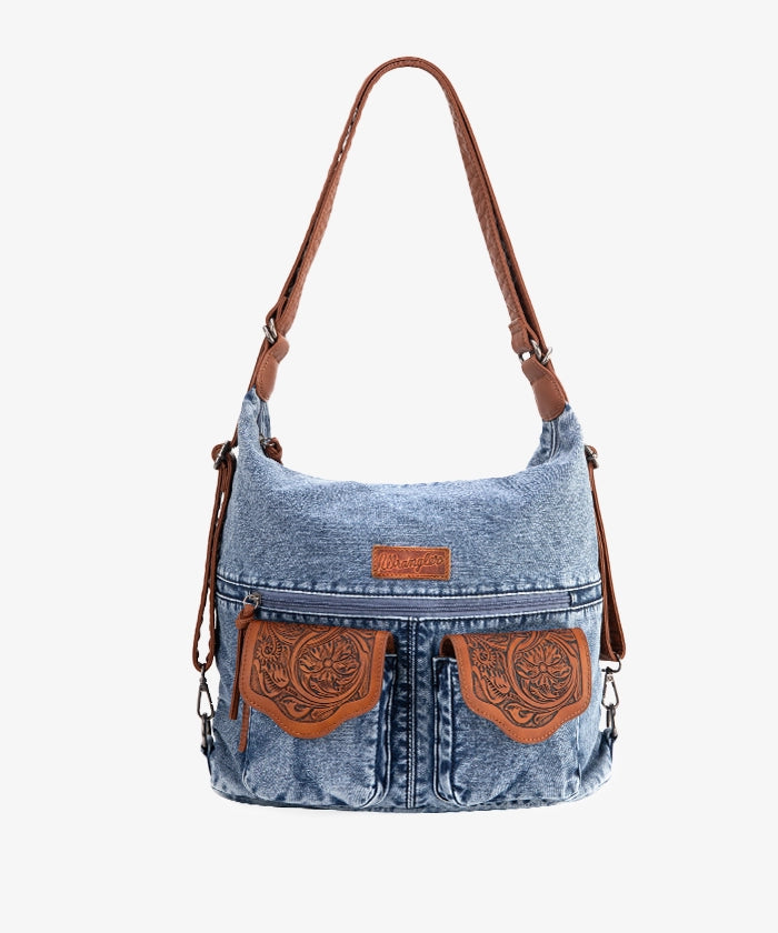 Wrangler Floral Tooled Denim Hobo Bag Convertible - Stylish Crossbody Purse for Women, Perfect for Concerts, Travel & Everyday Use