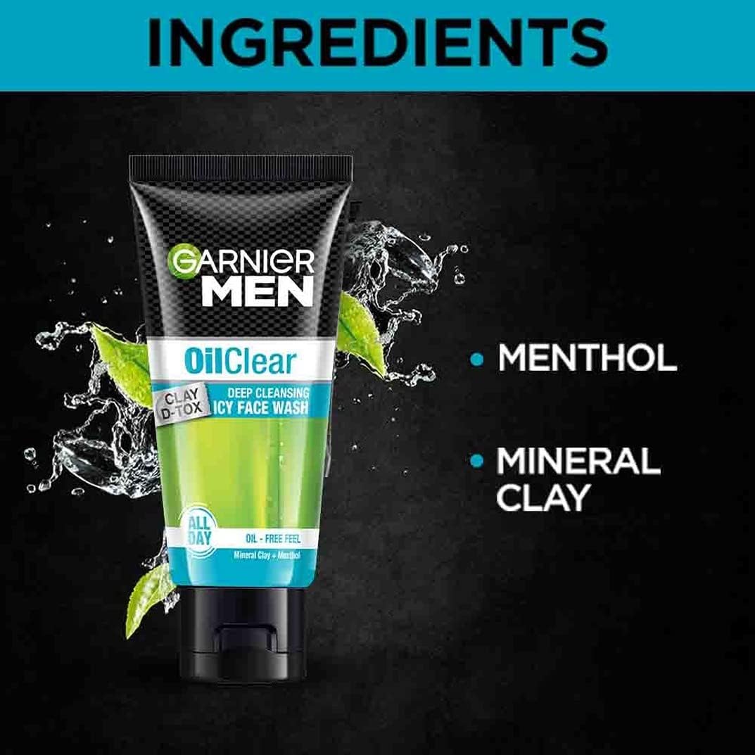 Garnier Men Oil Clear Clay D-Tox Deep Cleansing Icy Face Wash 50g & Bright Complete Overnight Serum 15ml - 2-in-1 Skincare Set for Men - Perfect for Oily Skin & Dark Spot Treatment - Morning & Night Routine