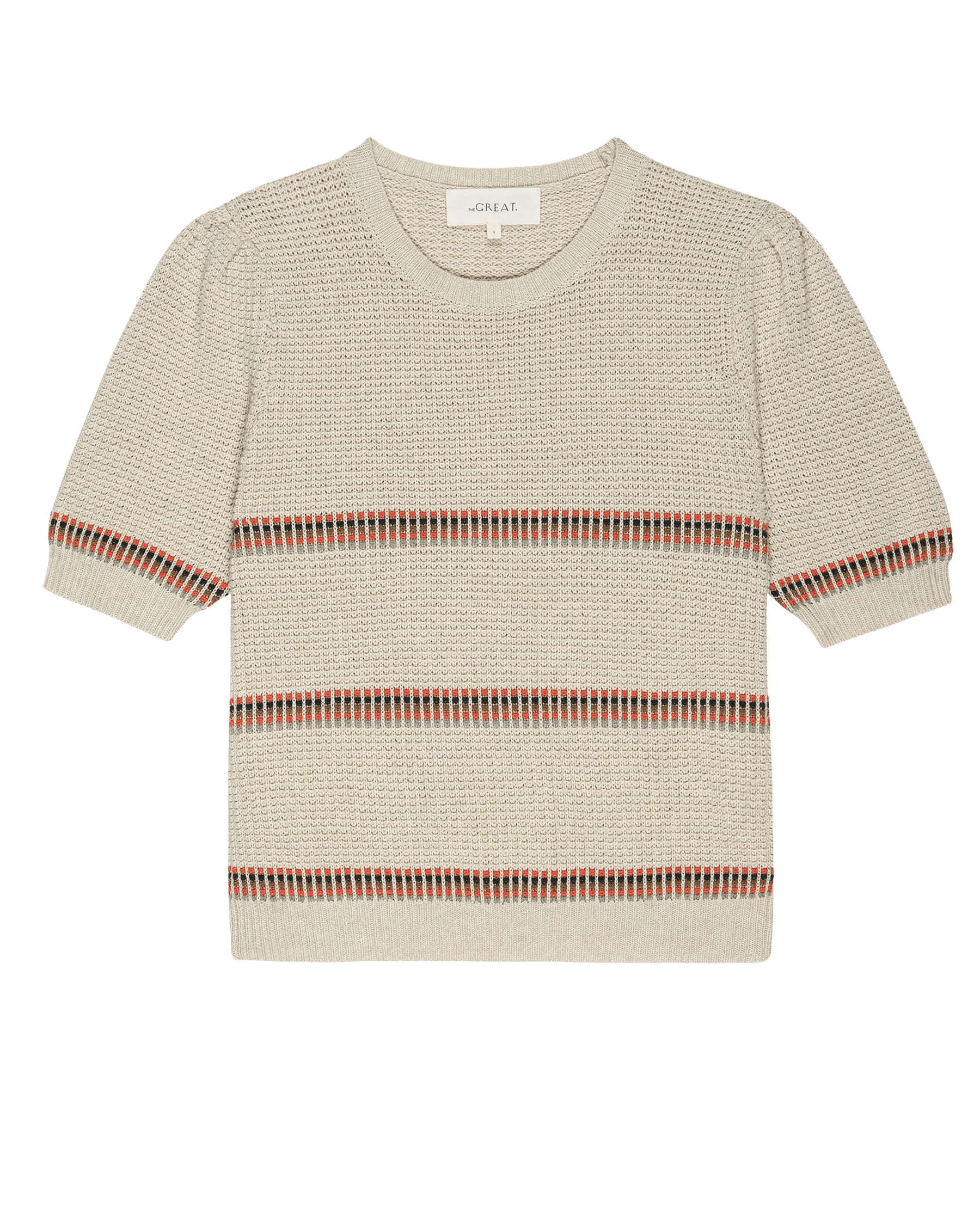 Cream Ribbon Stripe Puff Sleeve Pullover Sweater - Women's Cozy Knit Top for Casual Outfits & Fall Layering